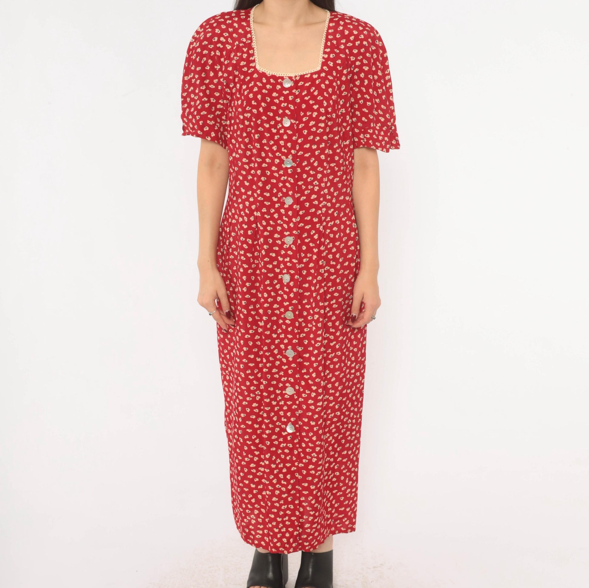 90s Anthony Mark Hankins Red Floral Maxi Dress Square Neck Lace Trim Large L