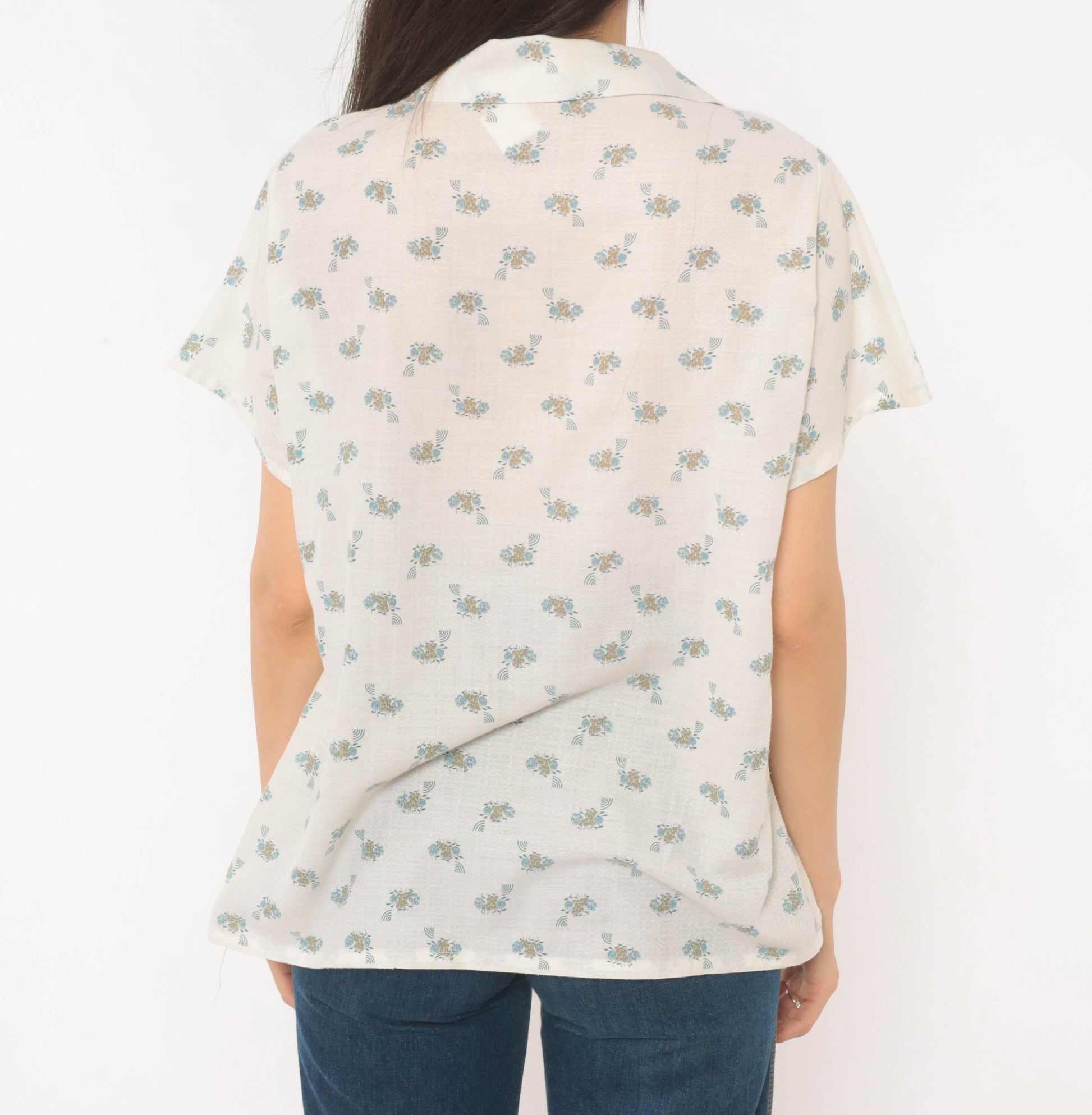70s White Floral Camp Collar Shirt Cotton Blue Ditsy Print Large L