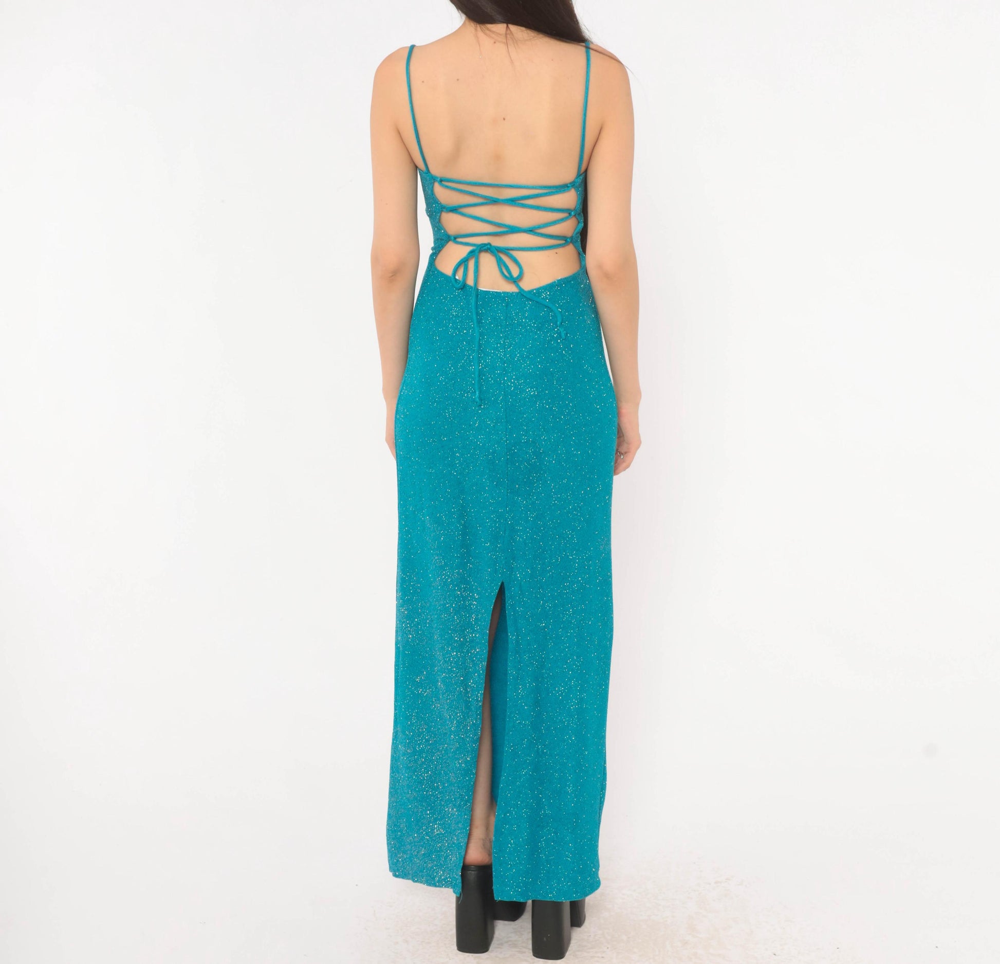 2000s City Triangles Teal Glitter Maxi Dress Lace-Up Back Small