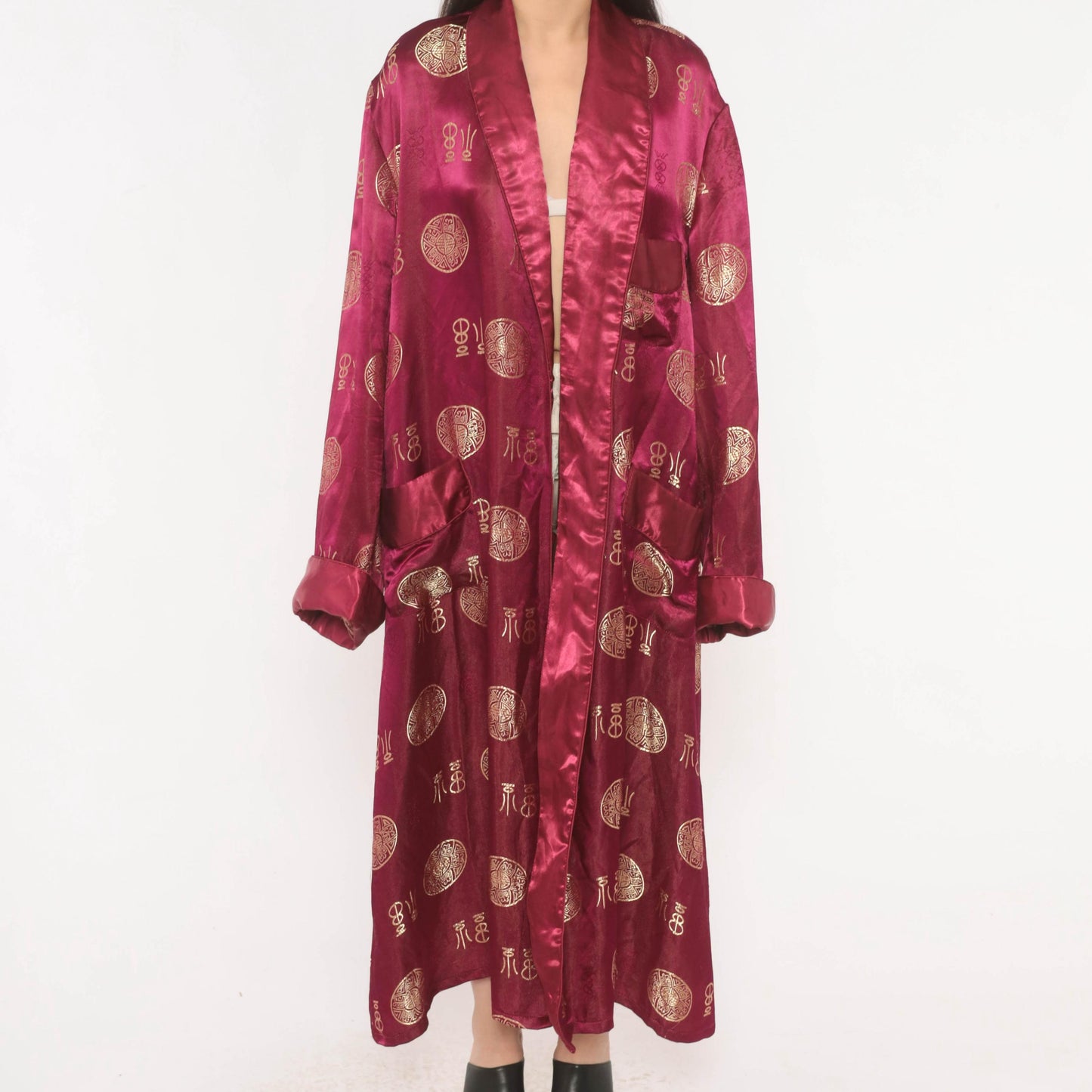90s Magenta Satin Robe Gold Jacquard Medallion Kimono Maxi Duster Large L