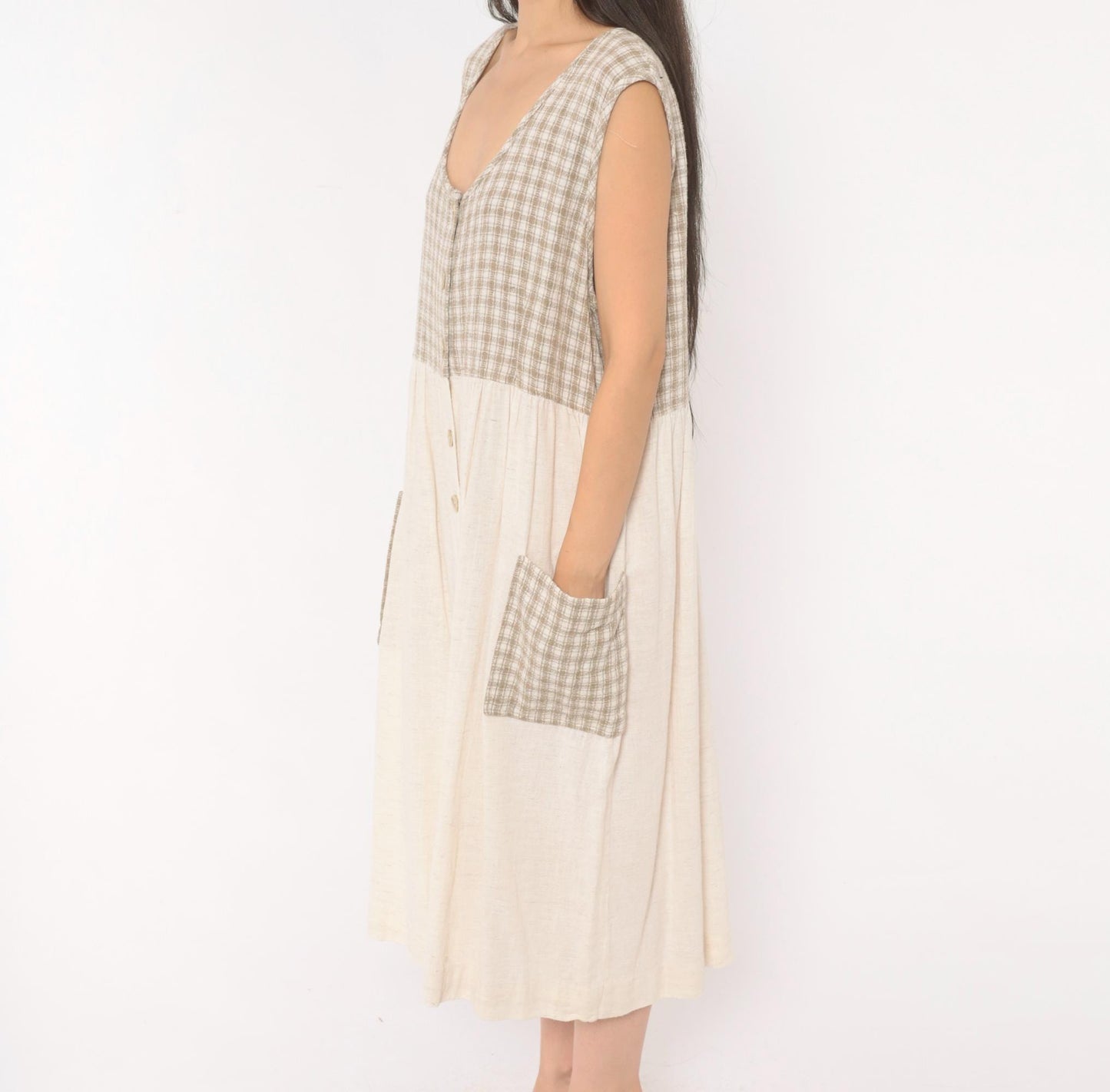 90s Two Twenty Gingham Midi Jumper Dress Tan Cream Cotton Linen Large
