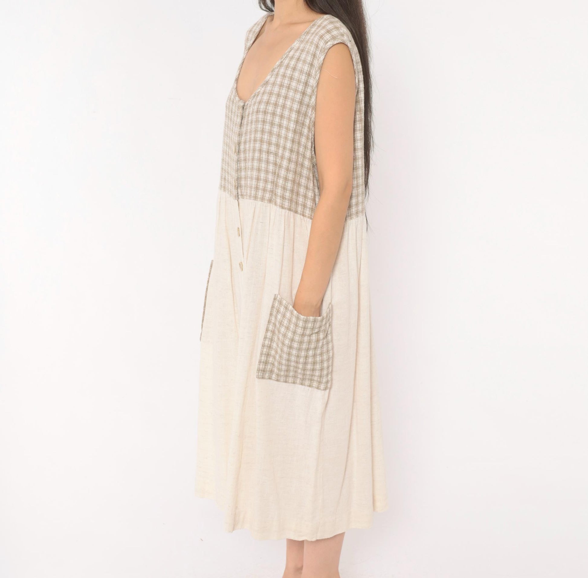 90s Two Twenty Gingham Midi Jumper Dress Tan Cream Cotton Linen Large
