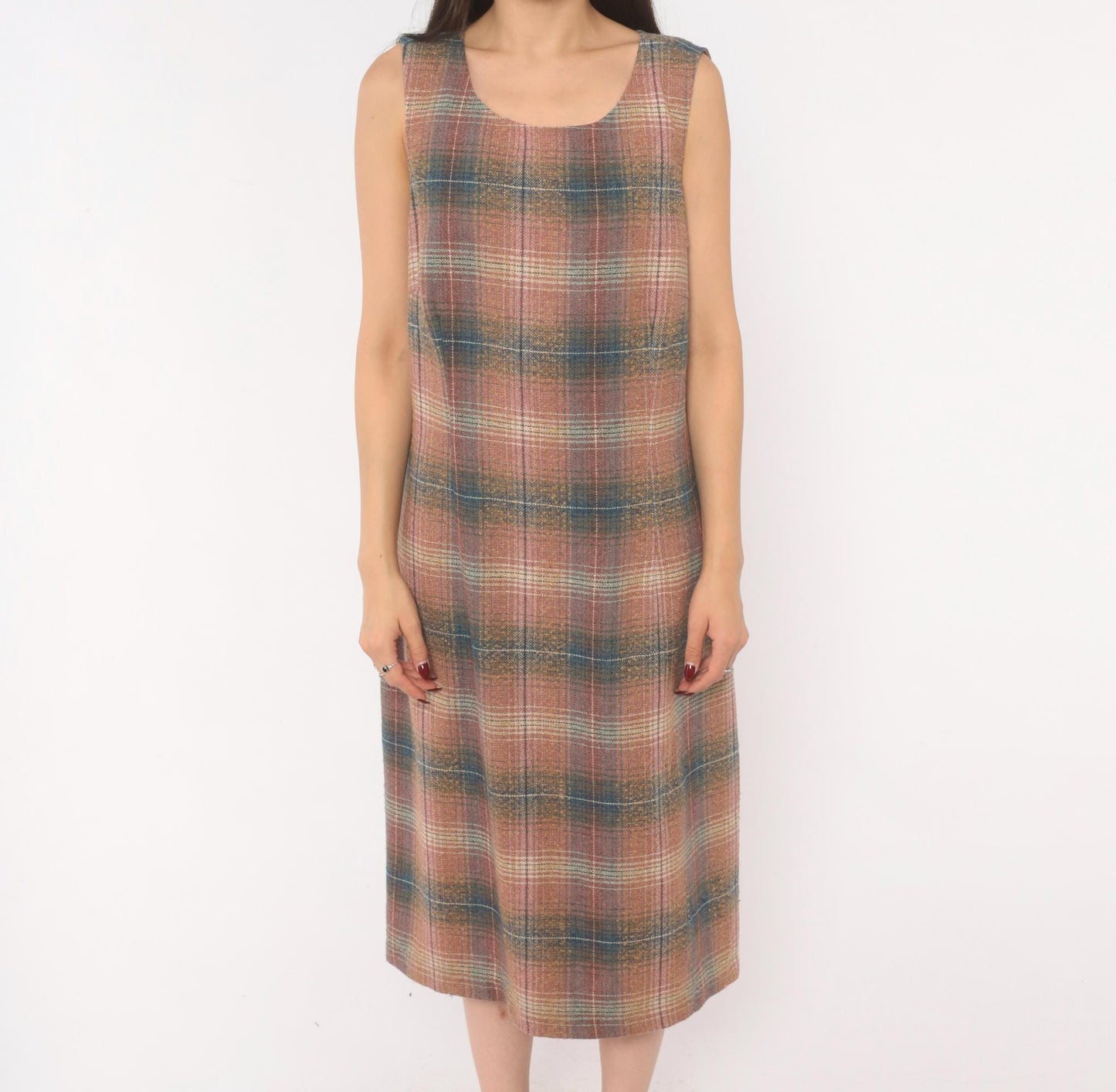 Y2K Chadwicks Plaid Wool Midi Dress Sleeveless A-Line Pink Teal Large L