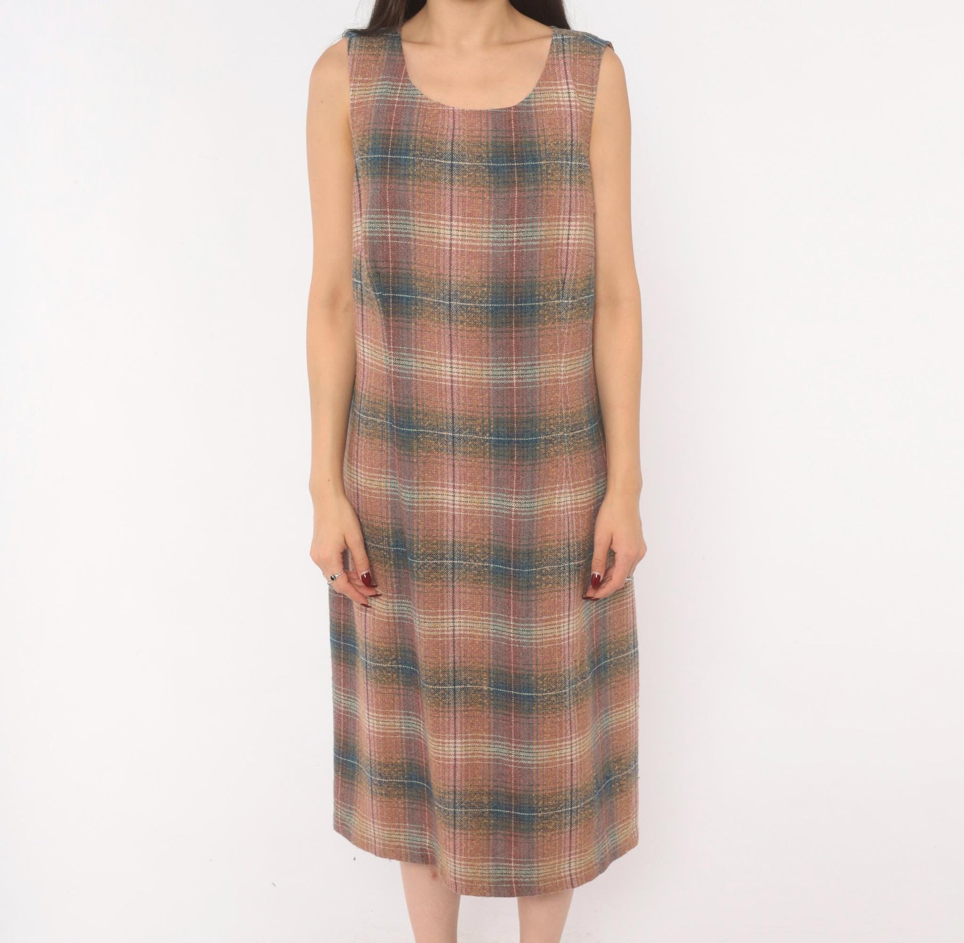 Y2K Chadwicks Plaid Wool Midi Dress Sleeveless A-Line Pink Teal Large L