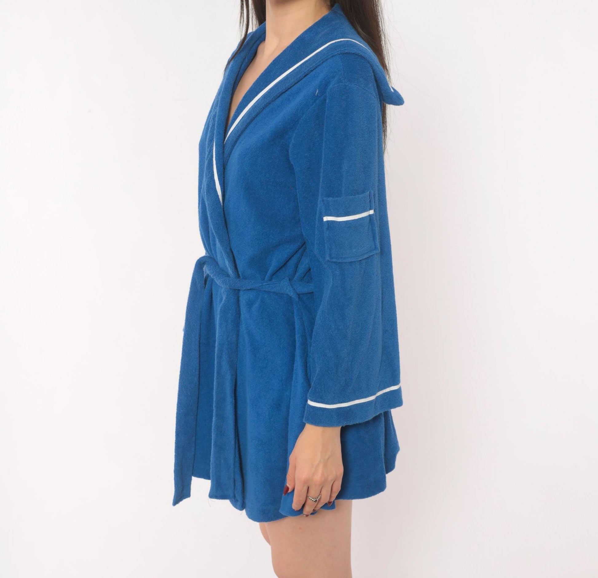 70s Deena Blue Terry Cloth Robe Sailor Collar White Piping Mini Medium M