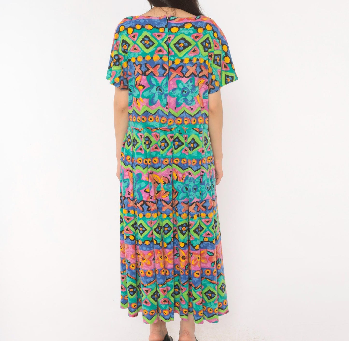 90s Sabino Geometric Tribal Print Maxi Dress Teal Pink Yellow Large L