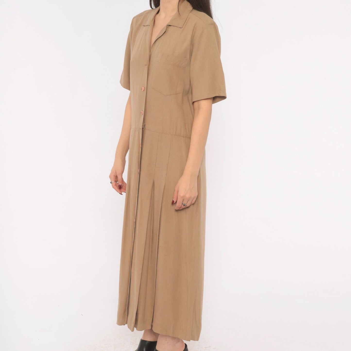 90s Liz Claiborne Silk Maxi Shirt Dress Tan Camp Collar Pleated Medium M