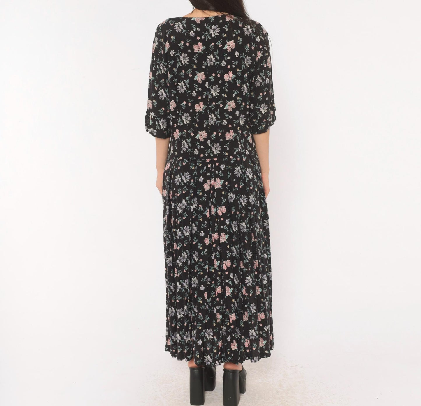 Y2K Putumayo Black Floral Maxi Dress Pink Lavender Button Front Large L
