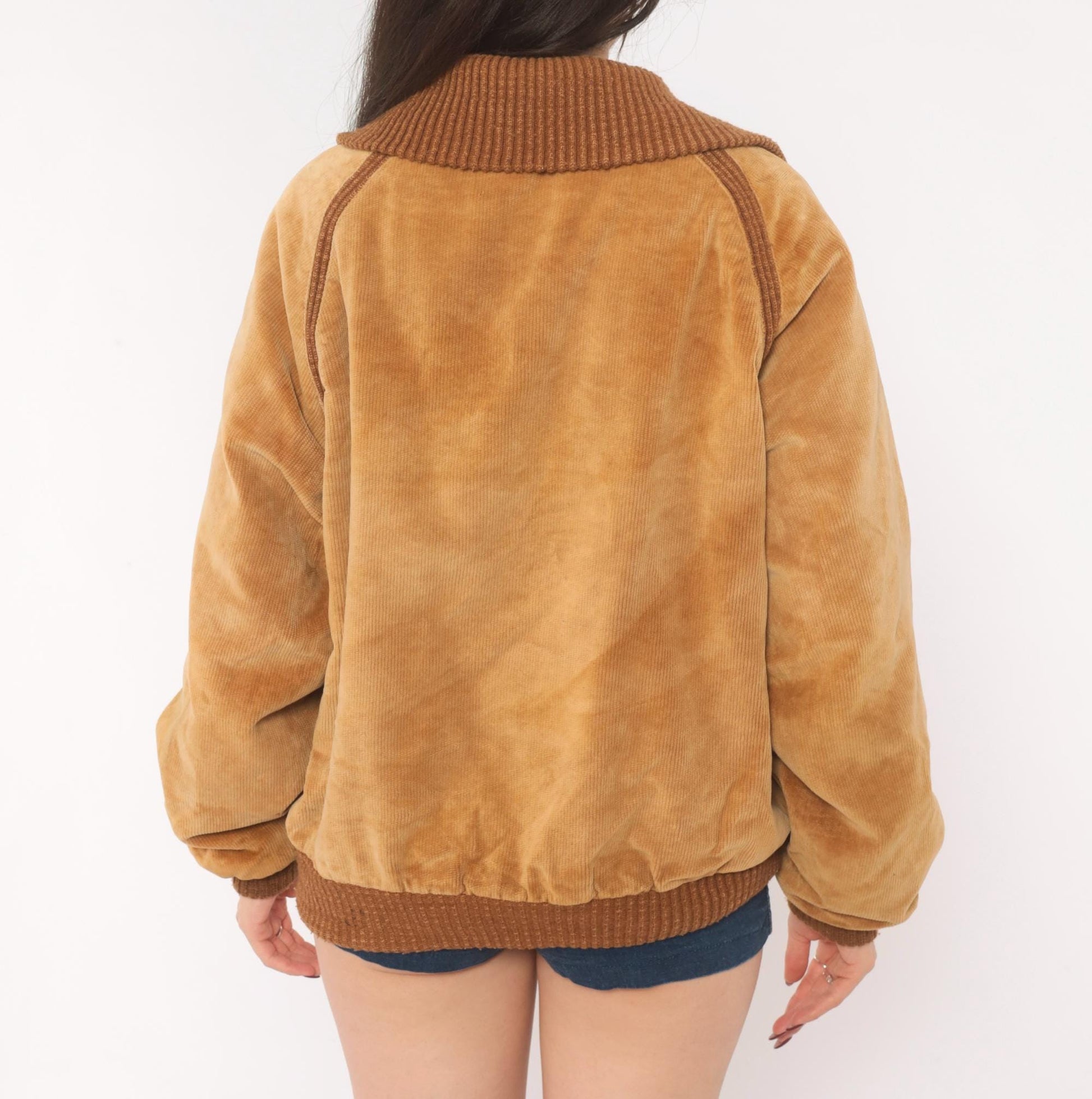 70s Corduroy Bomber Jacket Tan Raglan Knit Collar Zip Front Medium