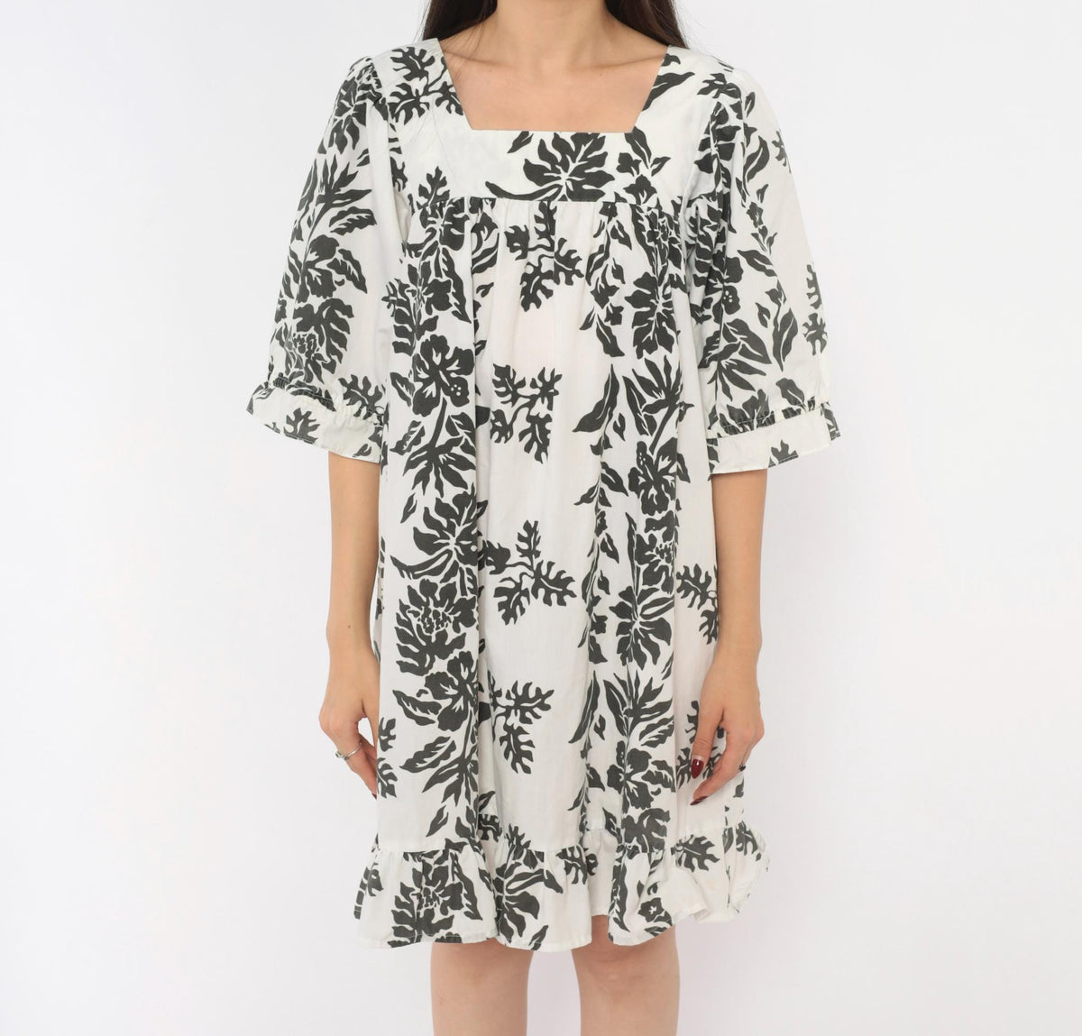 90s Nani Liberty House Hawaiian Floral Square Neck Puff Sleeve Dress Black White Small S