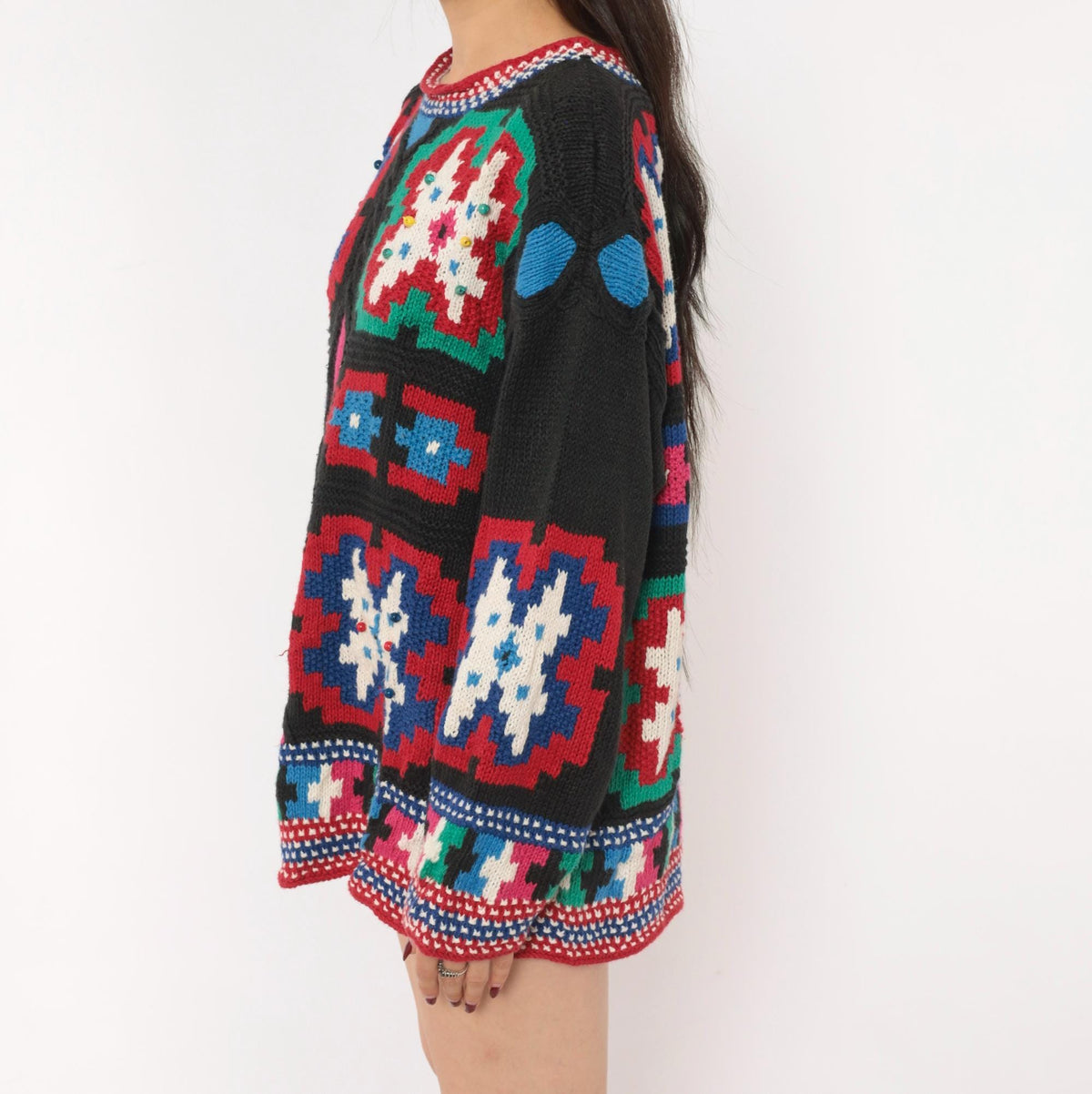 90s Hunter's Run Southwestern Patchwork Beaded Knit Pullover Black Small