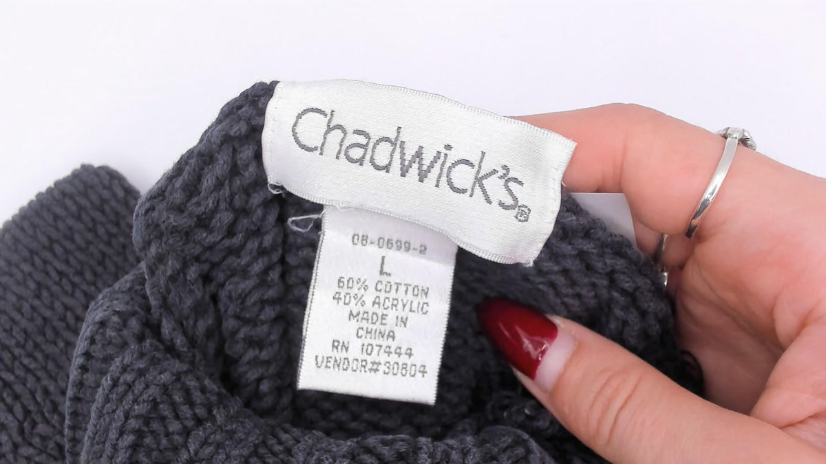 90s Chadwick's Black Mock Neck Sweater Cotton Knit Raglan Pullover Large L