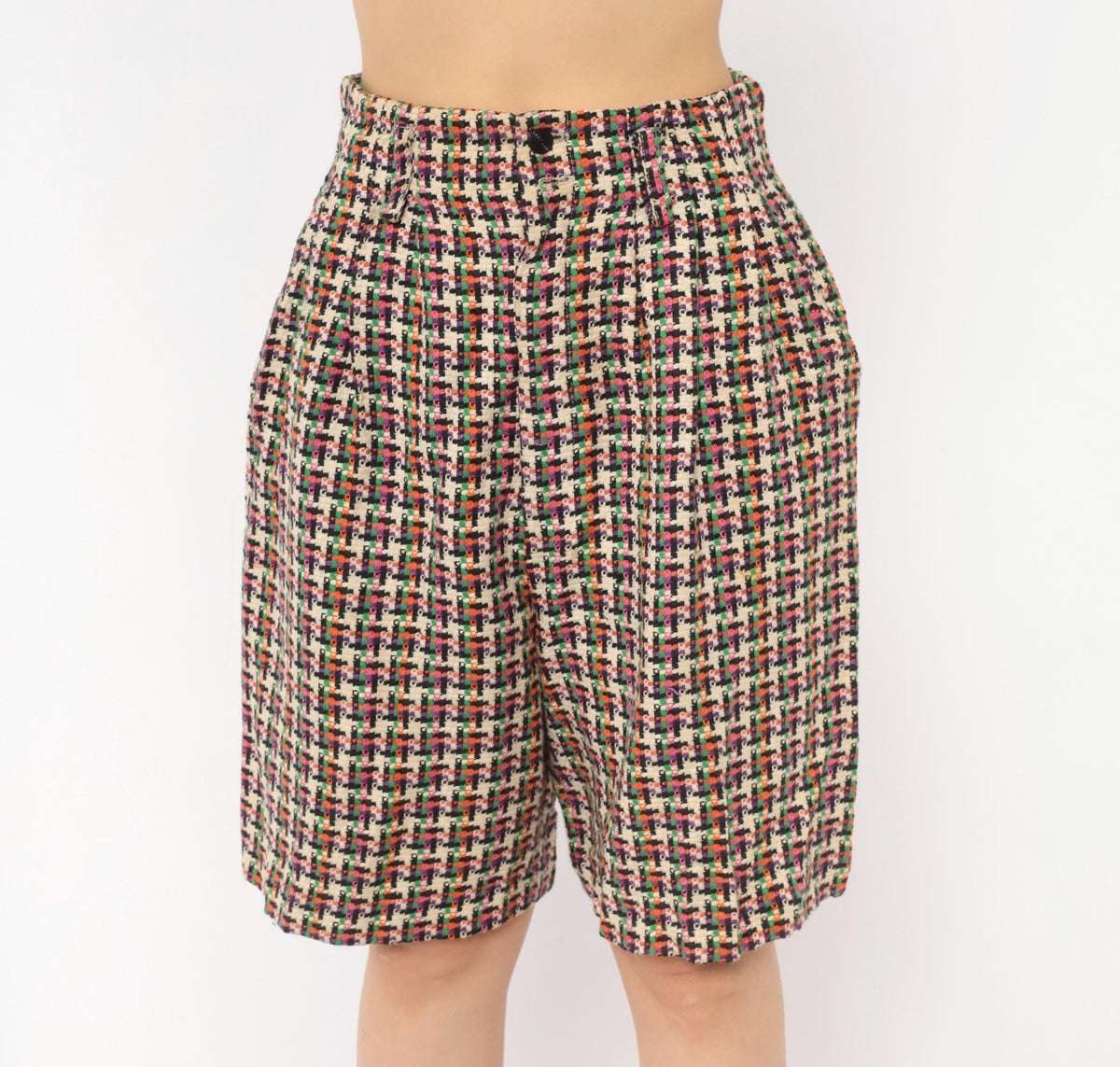 90s For Pete's Sake Houndstooth Pleated Bermuda Shorts Multicolor Linen Small