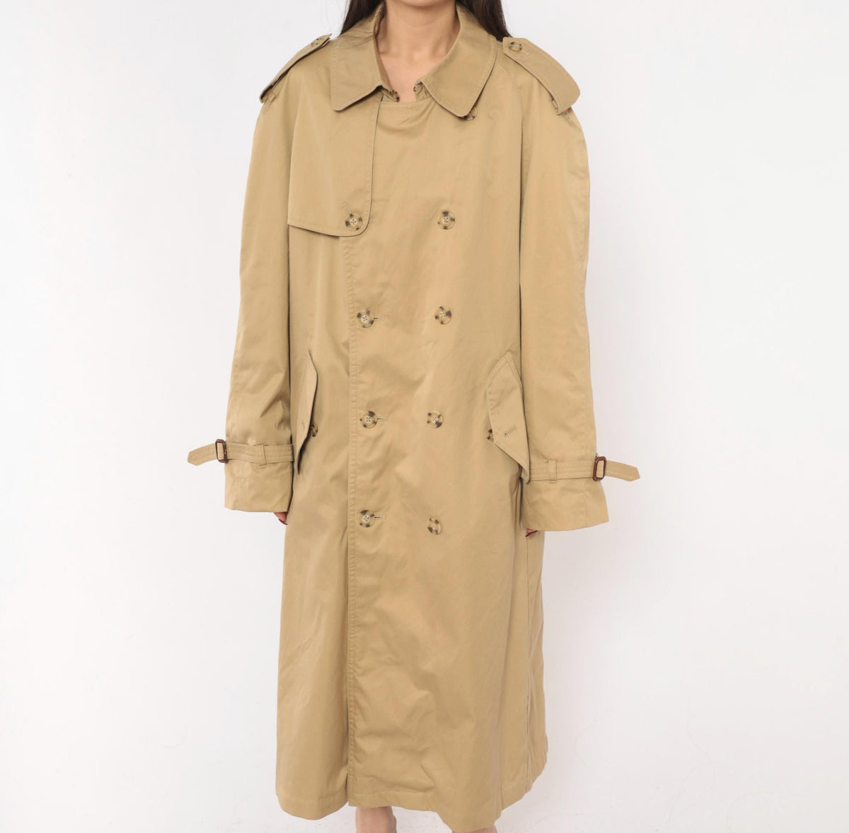 80s Tan Trench Coat Double Breasted Nova Check Lining Mens Medium