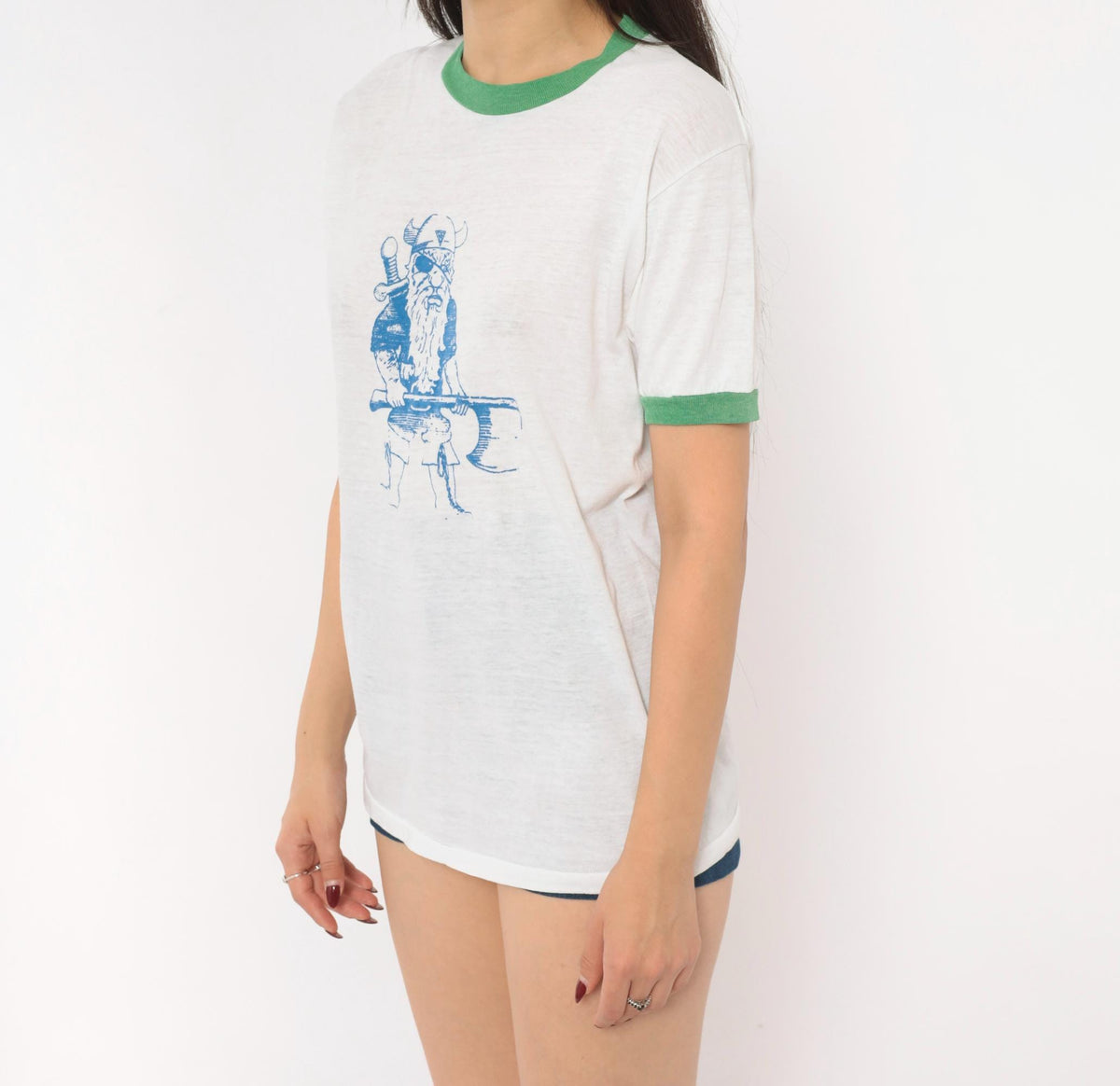 80s Sport-T Viking Ringer Tee White Green Trim Graphic Medium M