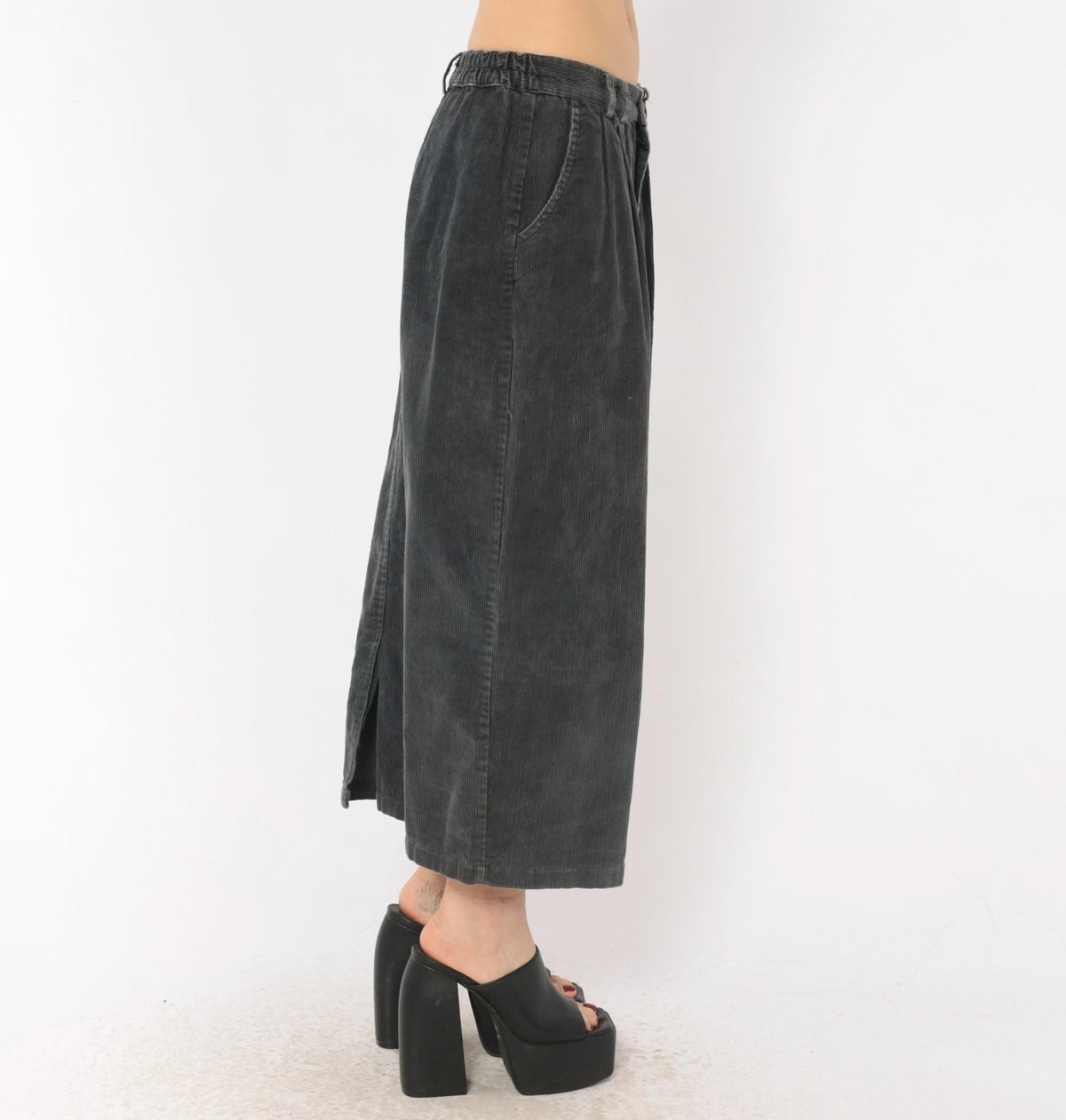 80s Gina Peters Charcoal Corduroy Midi Skirt Pleated High Waist Small