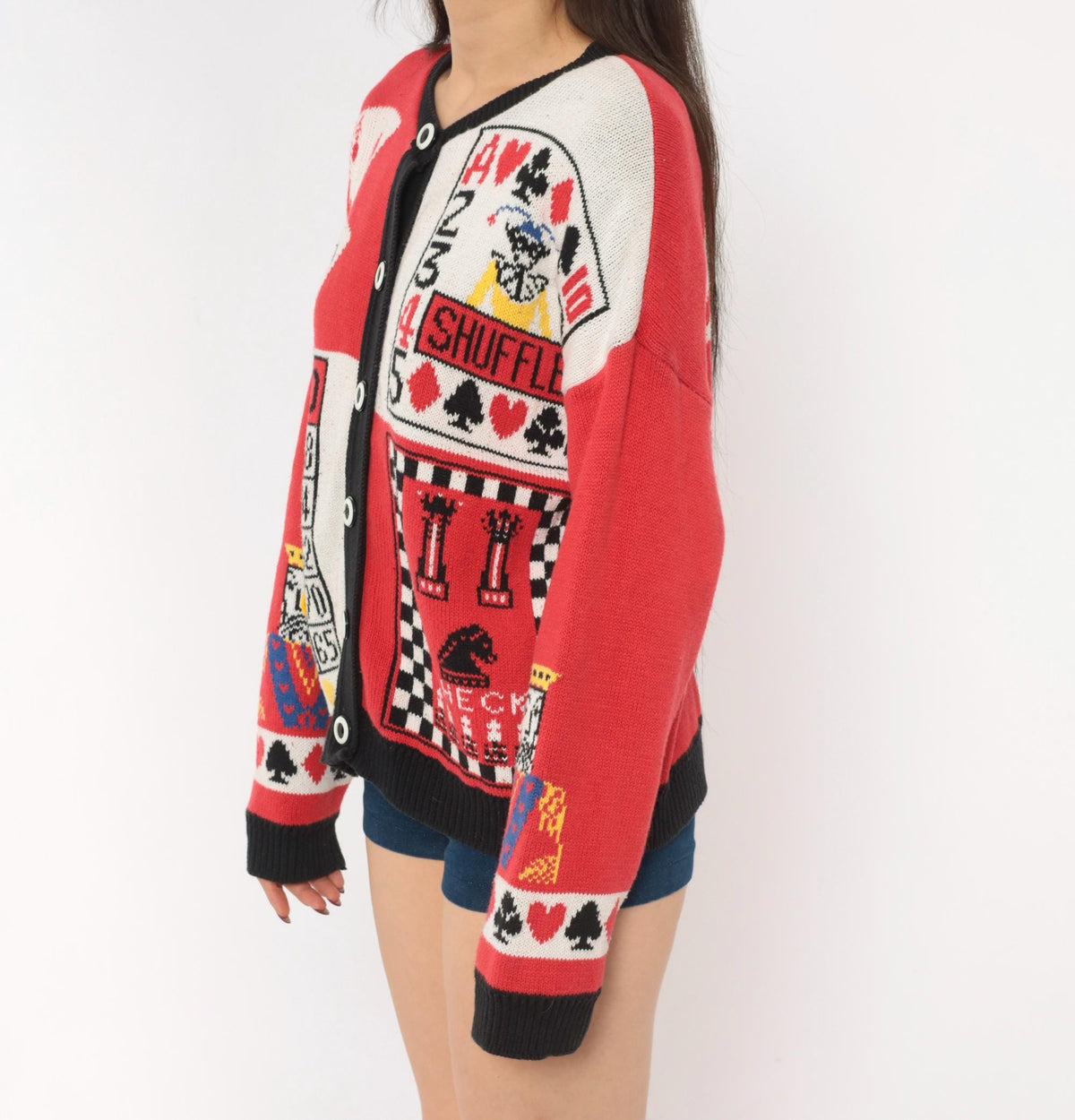 90s Casual Corner Cardigan Red Black Game Night Novelty Knit Large L