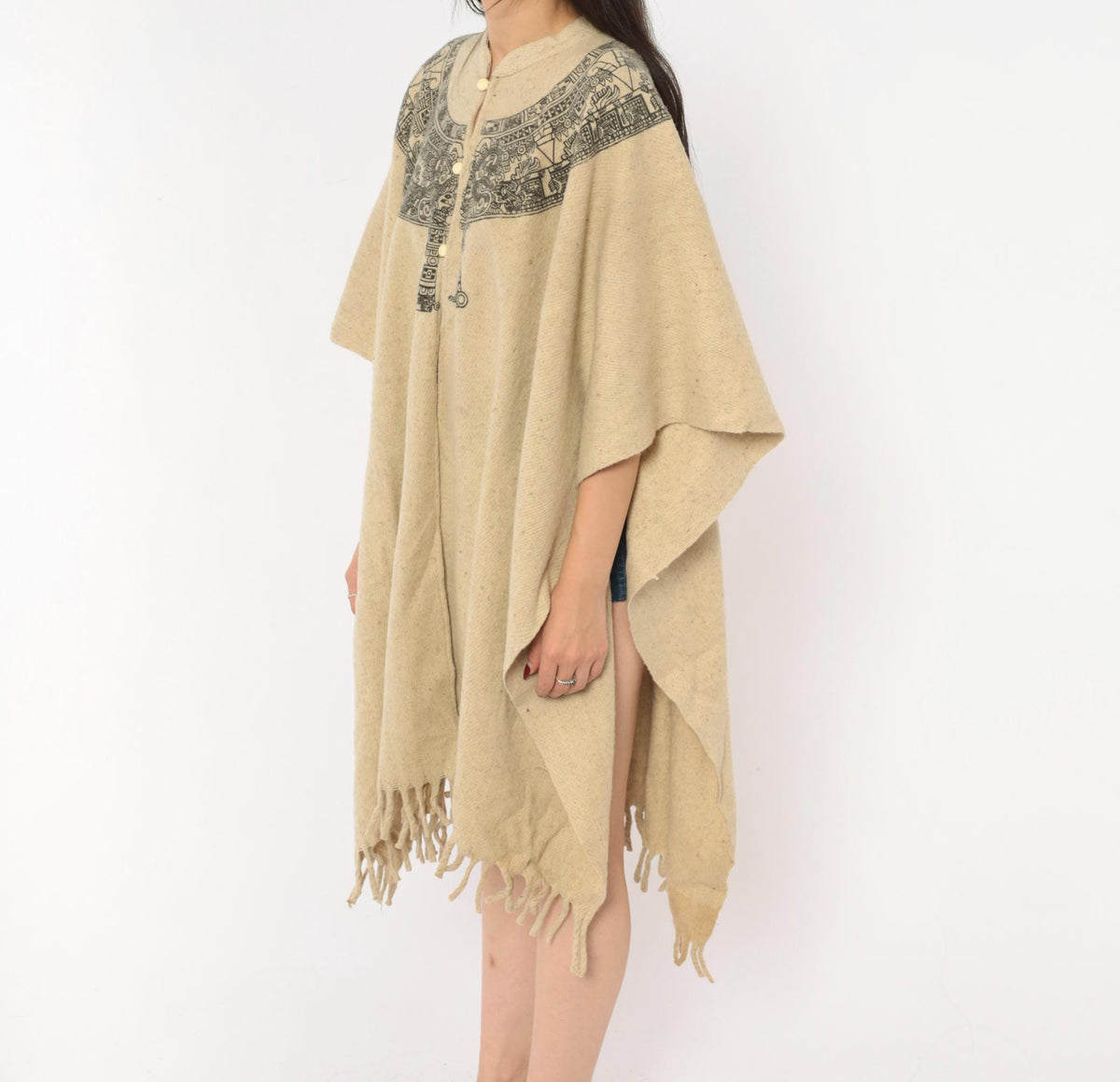 90s Aztec Calendar Wool Blend Poncho Cream Mandarin Collar Fringe Hem