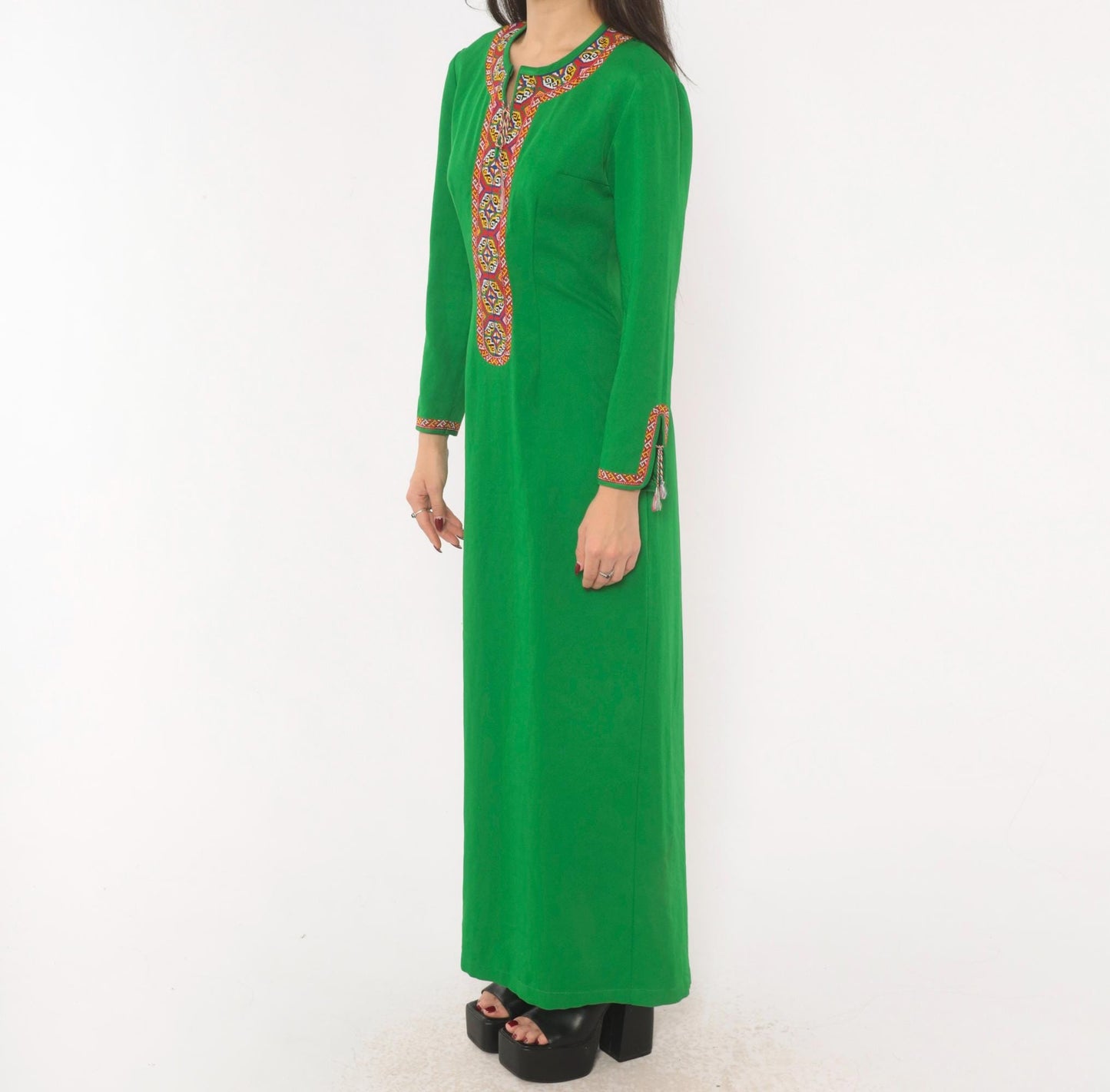 70s Emerald Green Maxi Dress Embroidered Neckline Long Sleeve Kaftan Extra Small XS