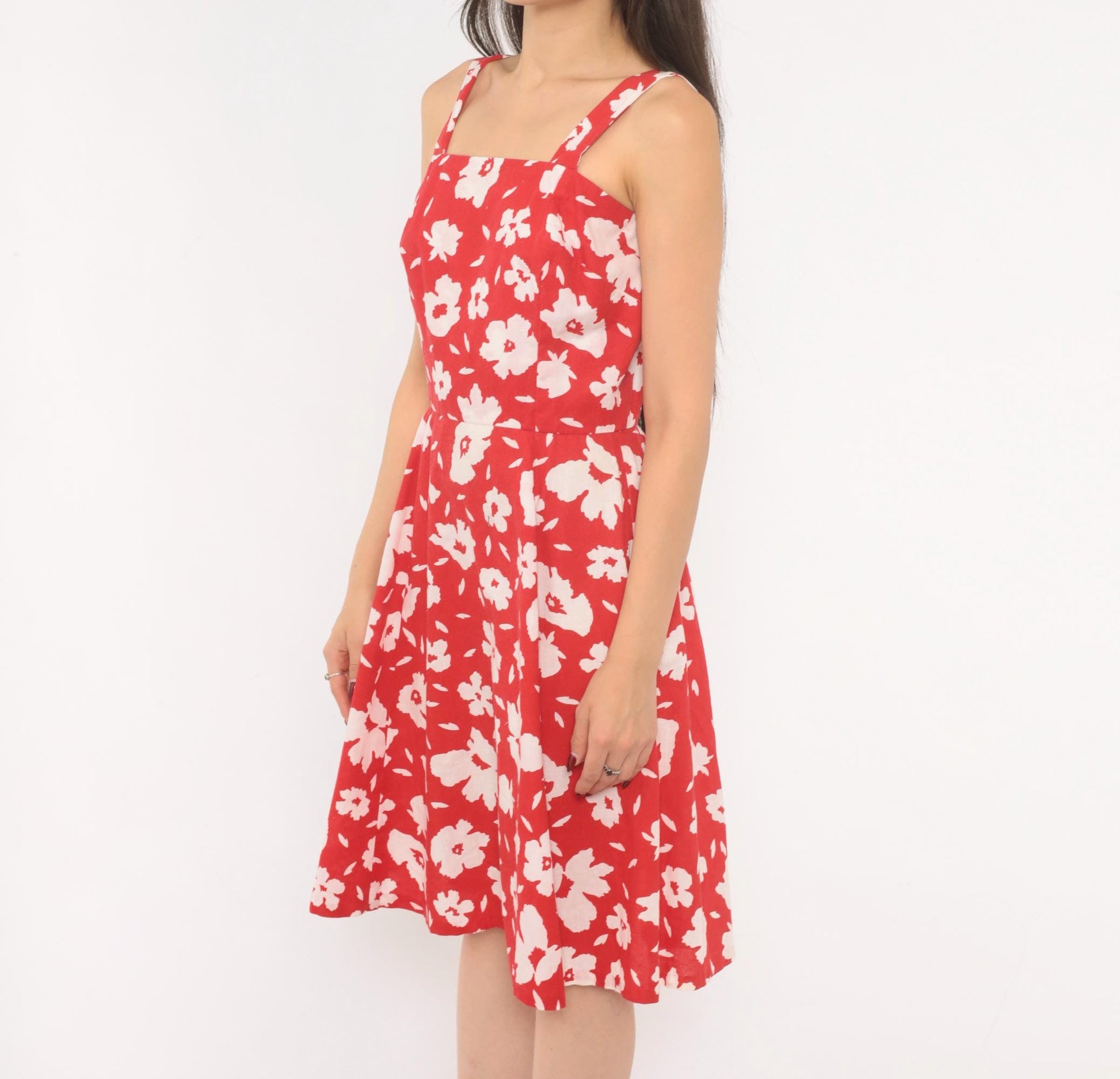 80s Red Floral Cotton Sundress White Square Neck A-Line Knee Length Extra Small XS