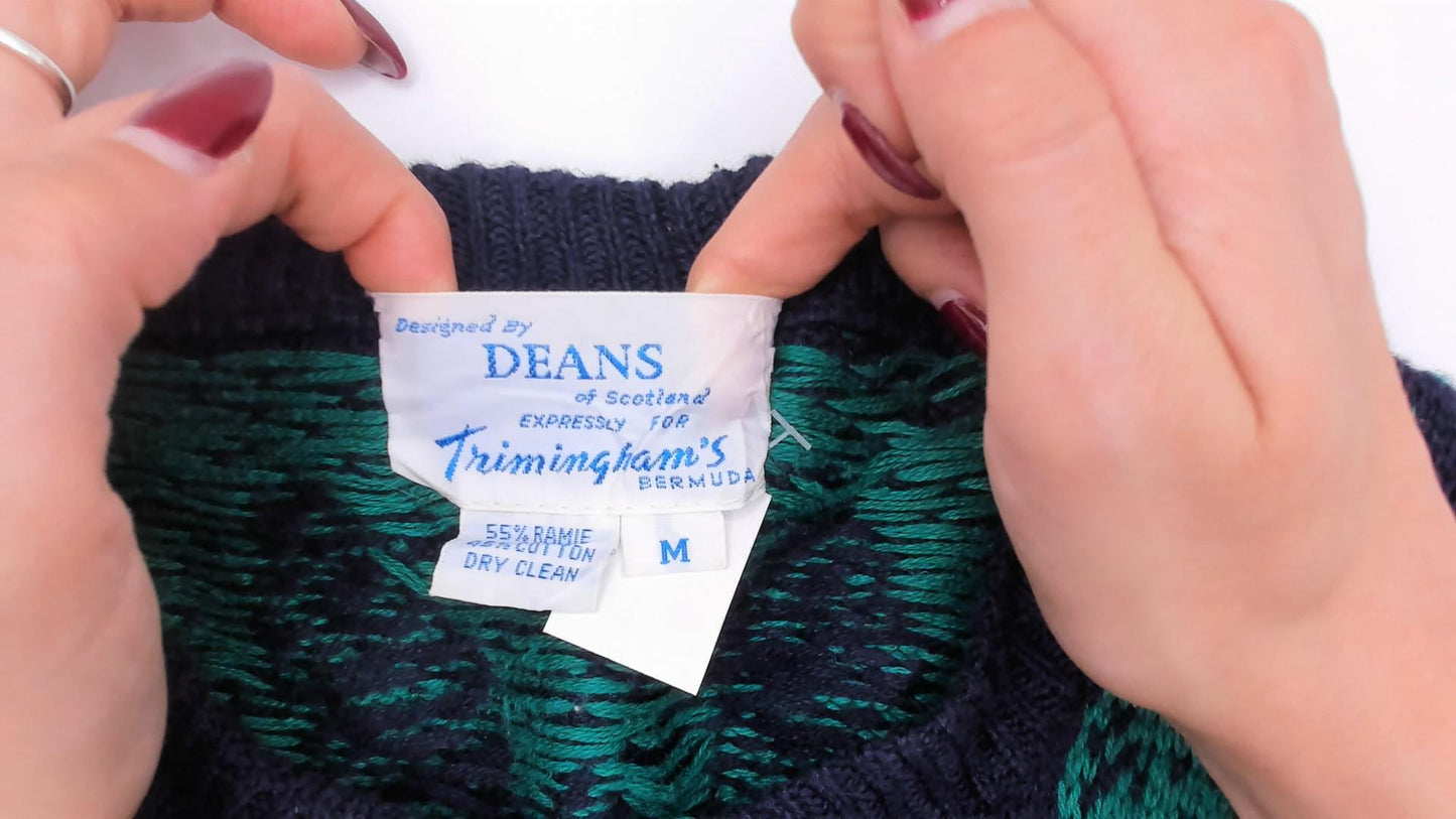 80s Dean's of Scotland Folk Art Sweater Vest Navy Intarsia Knit Medium M