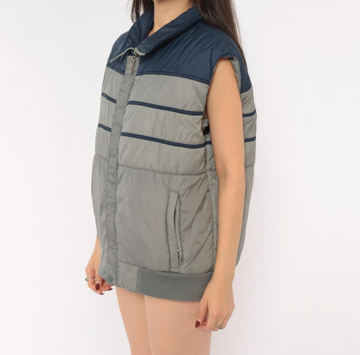 80s Ossi Navy Grey Color Block Puffer Vest Quilted Mens Medium