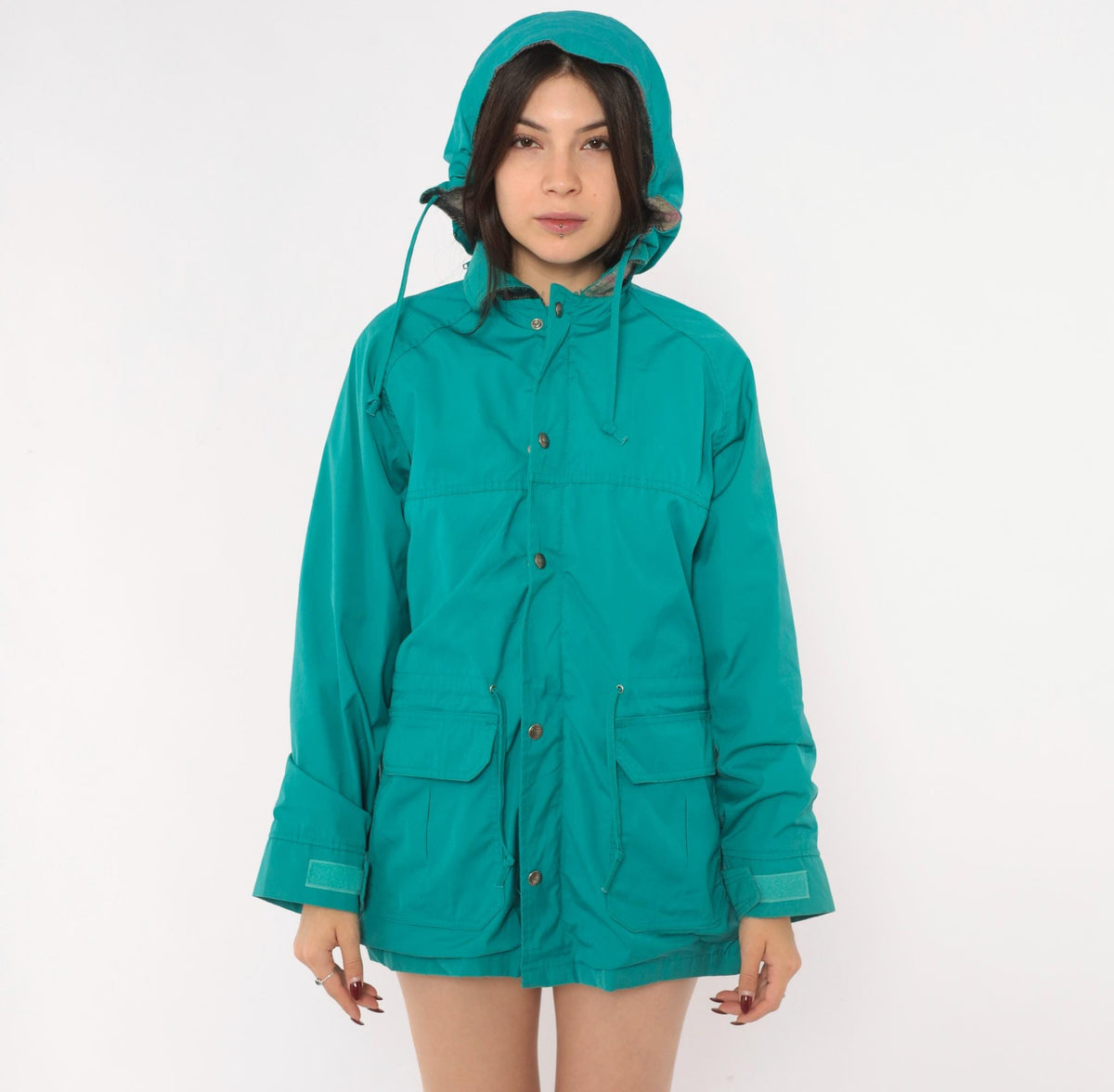 80s Woolrich Teal Hooded Parka Plaid Lined Windbreaker Small