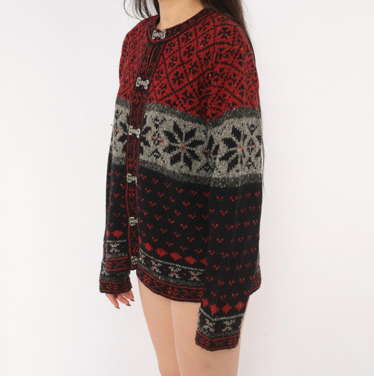 90s Croft & Barrow Nordic Cardigan Wool Blend Fair Isle Snowflake Black Grey Medium M