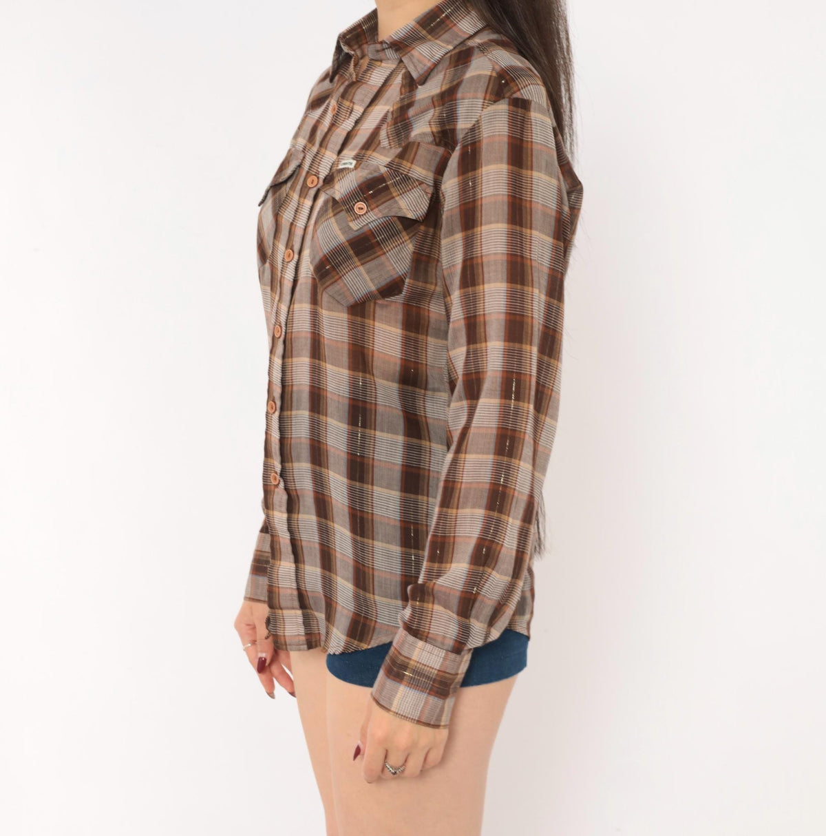 70s Kennington Plaid Button-Up Shirt Brown Tan Western Yoke Small