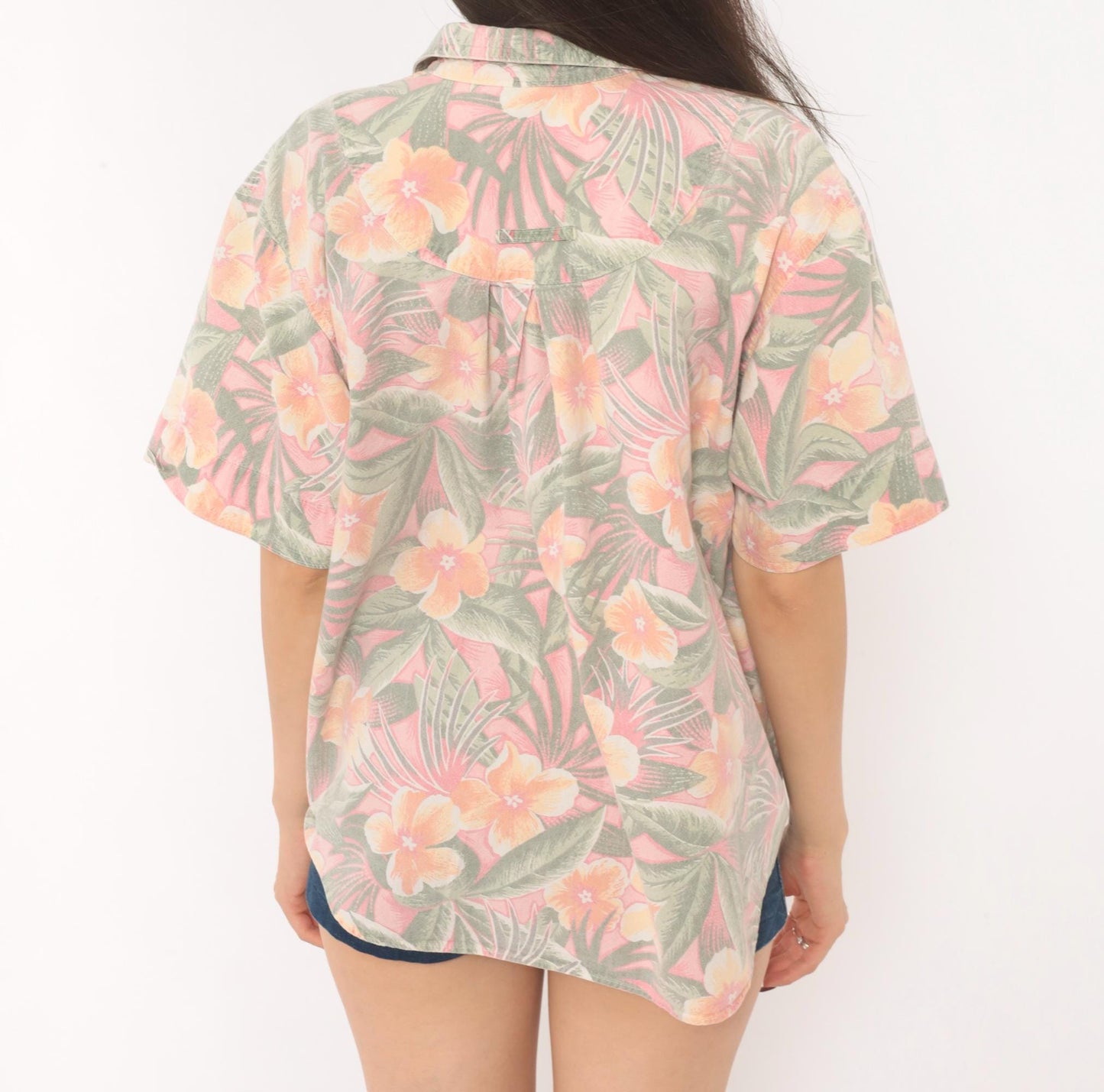 90s Essentials Sport Hawaiian Shirt Pink Coral Floral Camp Collar Cotton Large L