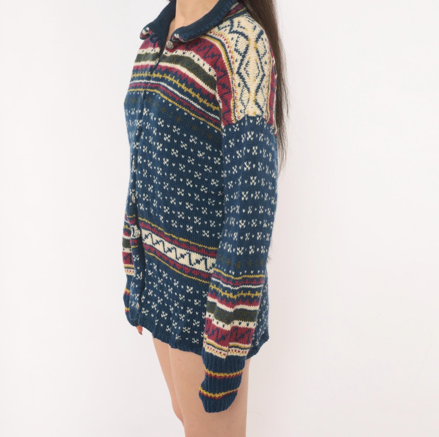 90s Husfliden Norwegian Fair Isle Wool Cardigan Navy Cream Burgundy Medium M