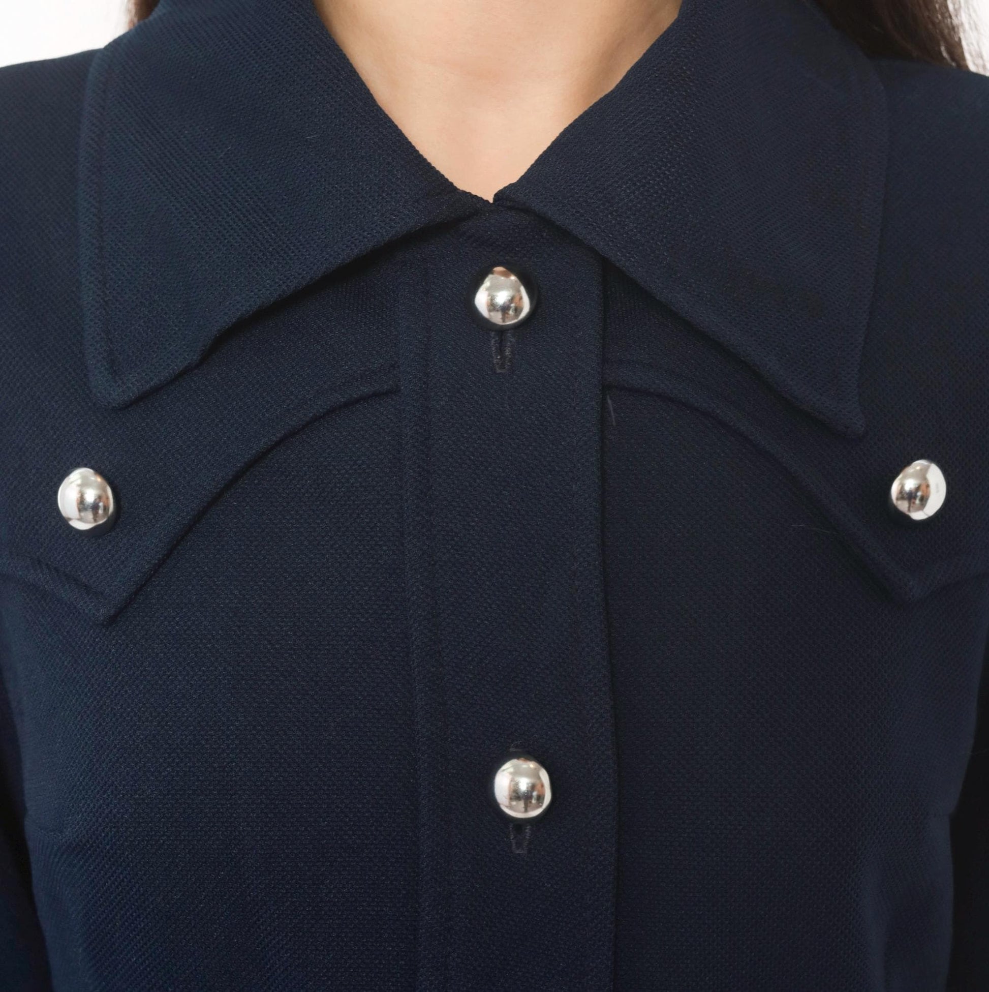 70s R & K Originals Navy Coat Dress Western Yoke Silver Buttons Medium