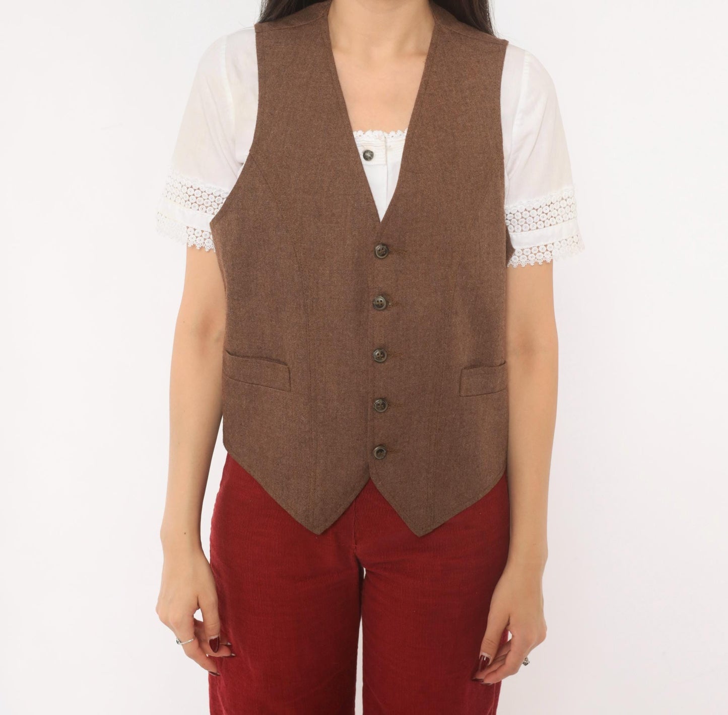 70s Angels Flight Wool Herringbone Vest Brown V-Neck Button Front Small S