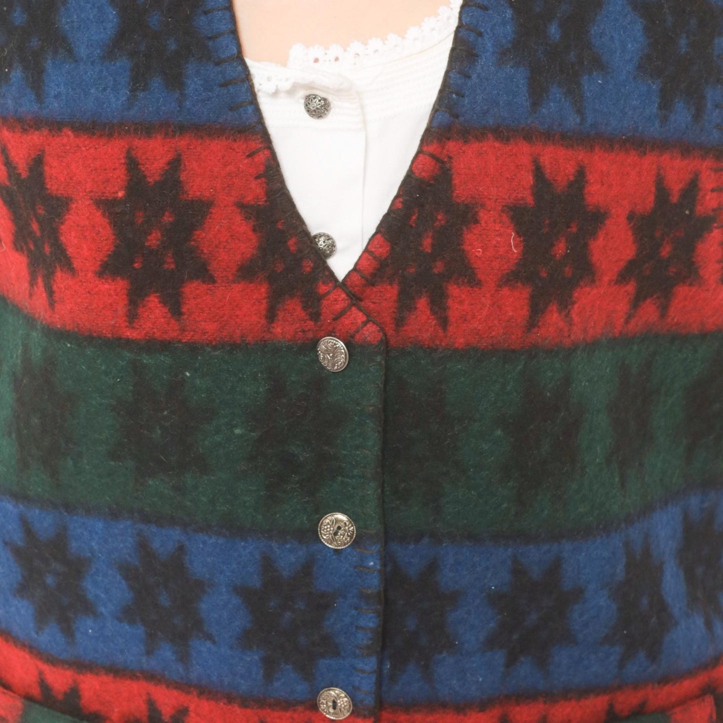 90s Erika Wool Vest Star Pattern Striped Navy Burgundy Forest Green Medium M