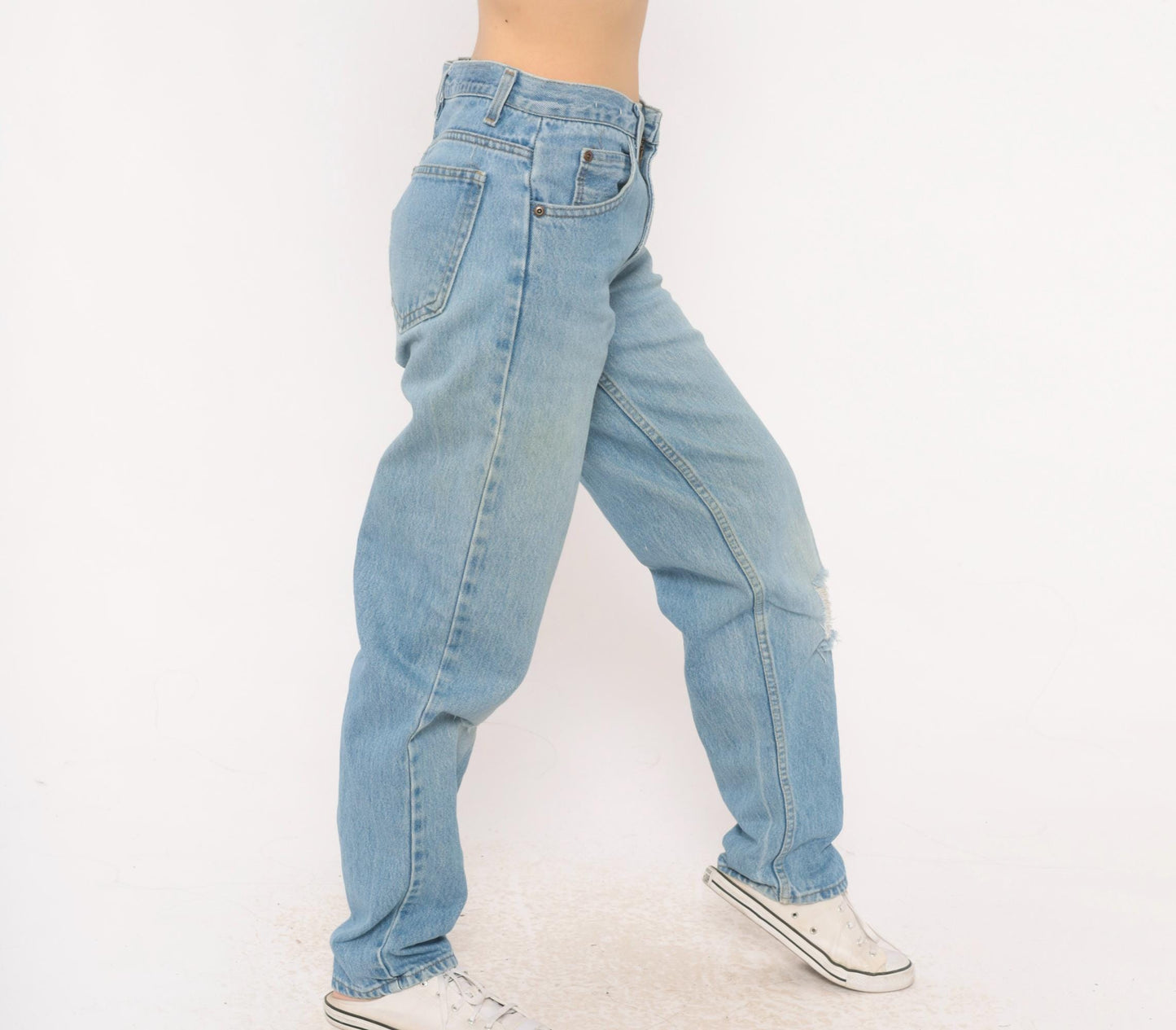 90s Light Wash Straight Leg High Rise Jeans Distressed Knee Rip Denim Small