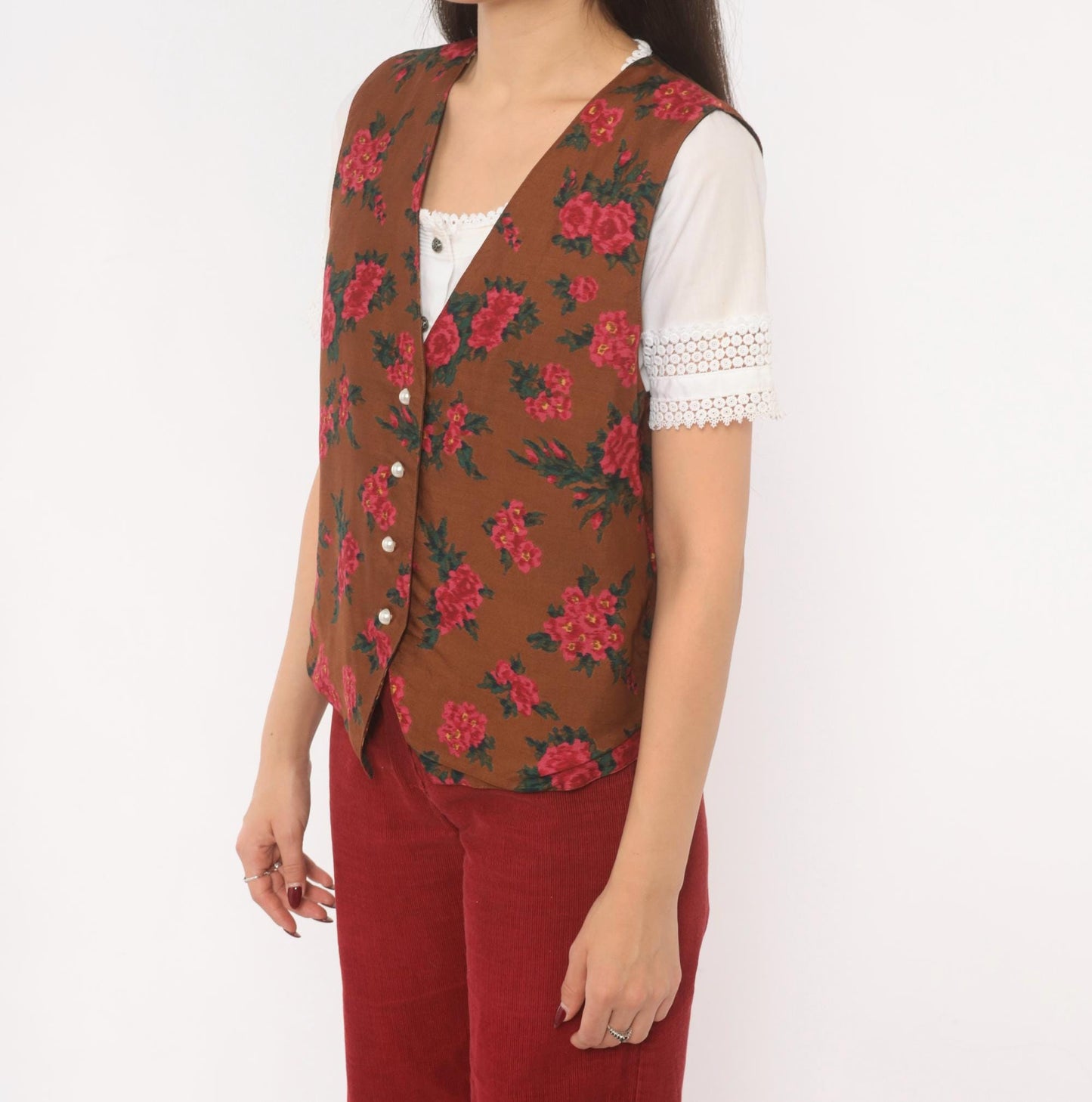 90s Karen Scott Floral Vest Brown Pink Rose Button Front Tie Back Small