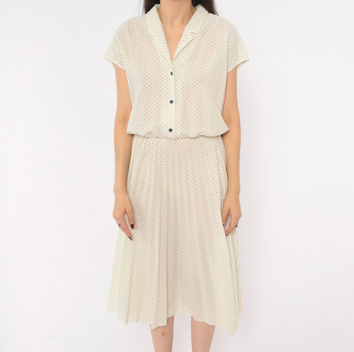 70s Promises Promises Polka Dot Dress Cream Navy Cap Sleeve Knee Length Small