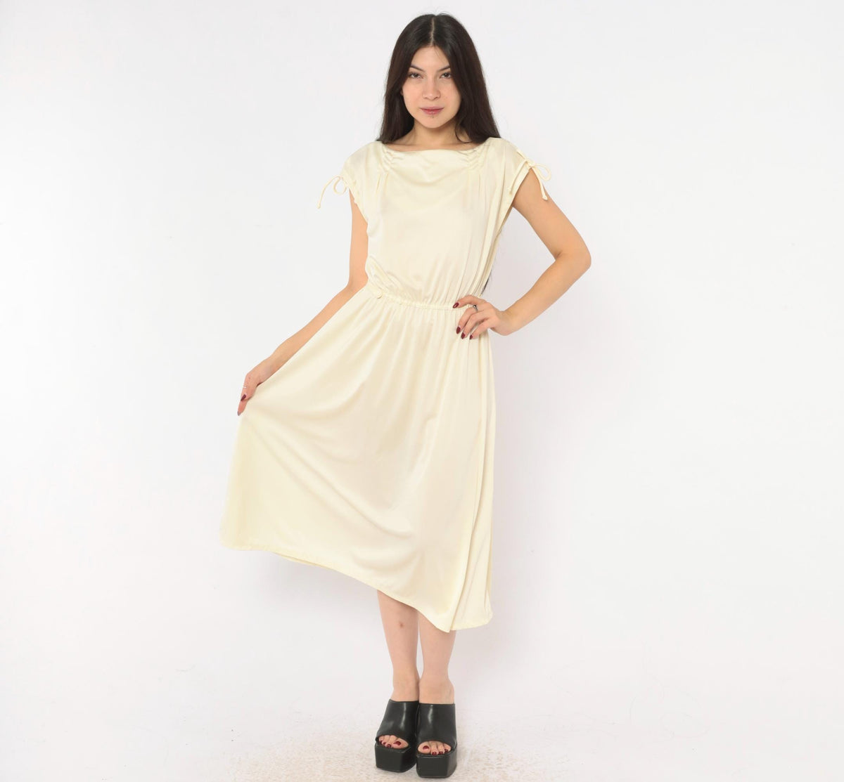 70s Cream Cap Sleeve Dress Ivory A-Line Midi Bow Detail Scoop Neck Small