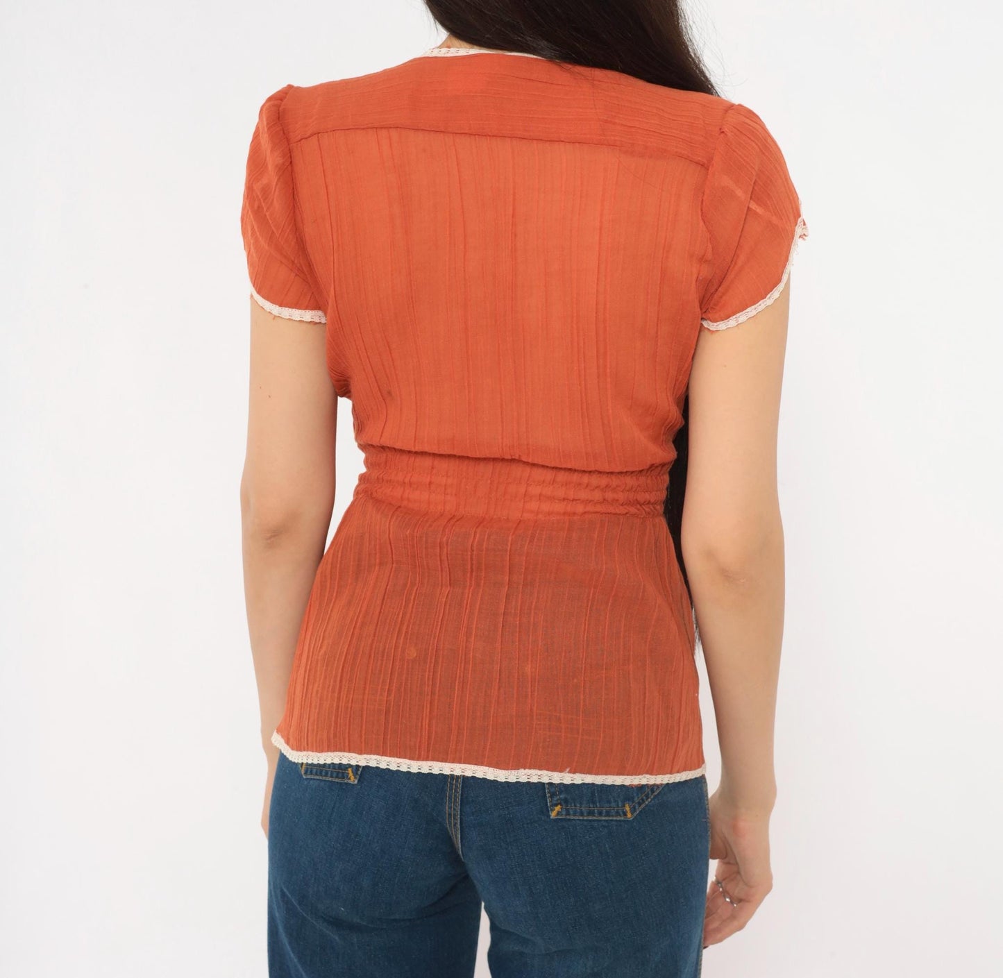 70s Burnt Orange Floral Lace Wrap Blouse Puff Sleeve Cream Trim Small