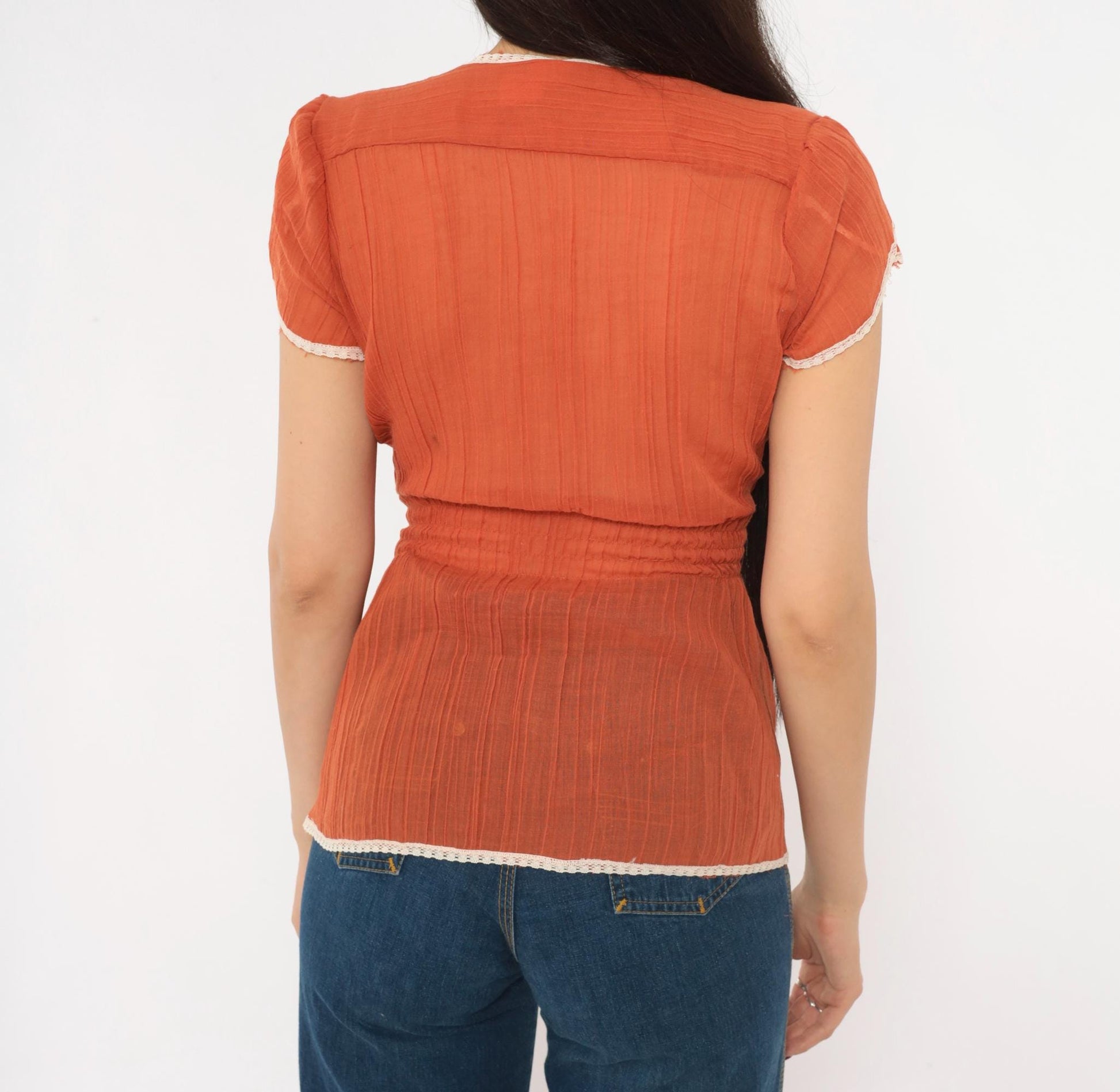 70s Burnt Orange Floral Lace Wrap Blouse Puff Sleeve Cream Trim Small