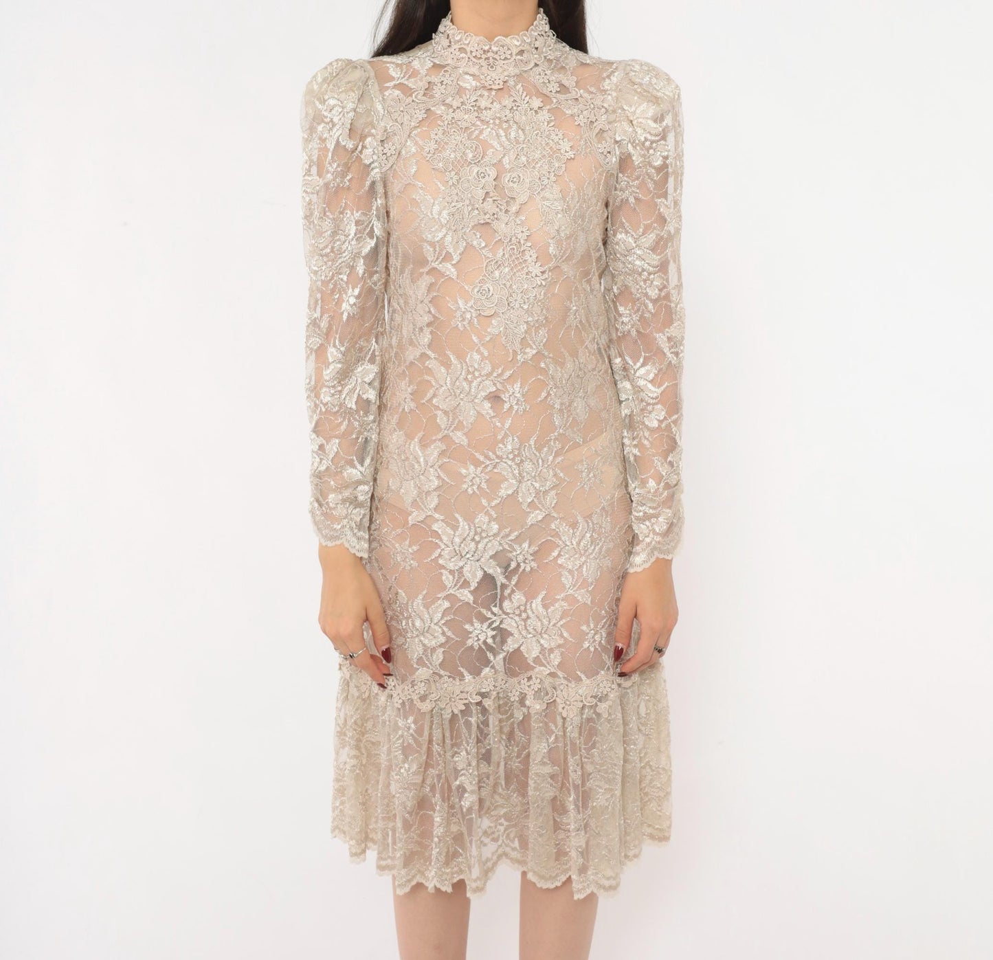 90s Cream Floral Lace Dress Pearl Button Back Puff Sleeve Small