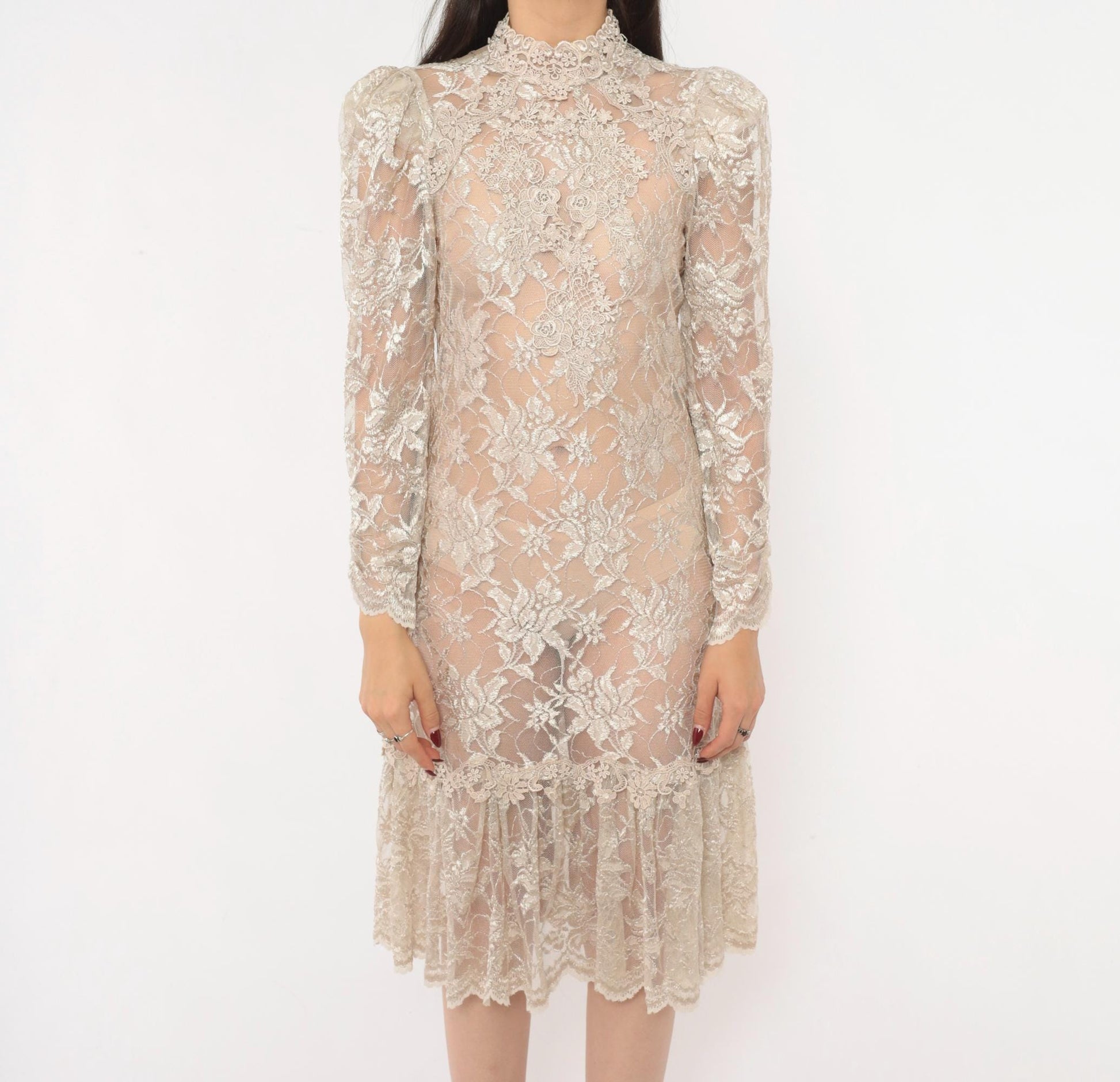 90s Cream Floral Lace Dress Pearl Button Back Puff Sleeve Small