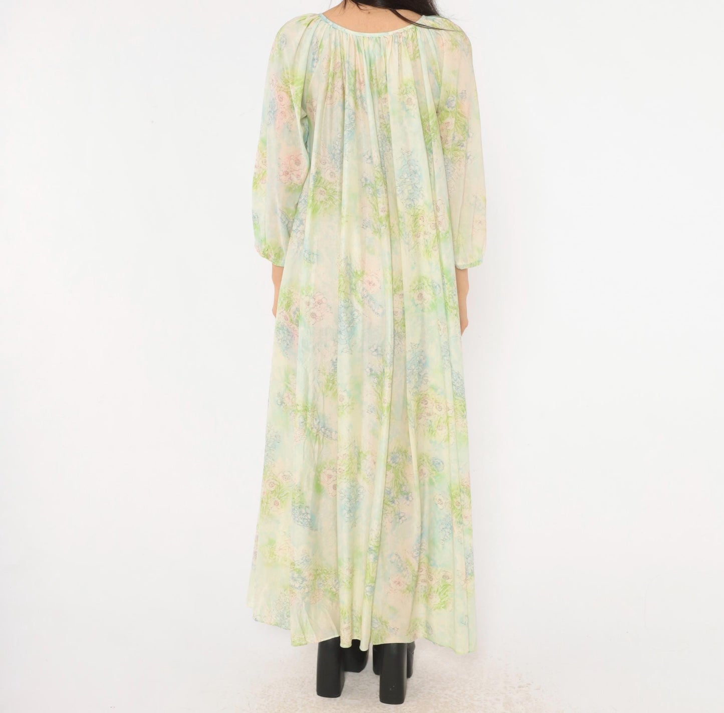70s Floral Watercolor Maxi Nightgown Lavender Pink Blue Balloon Sleeve Medium M