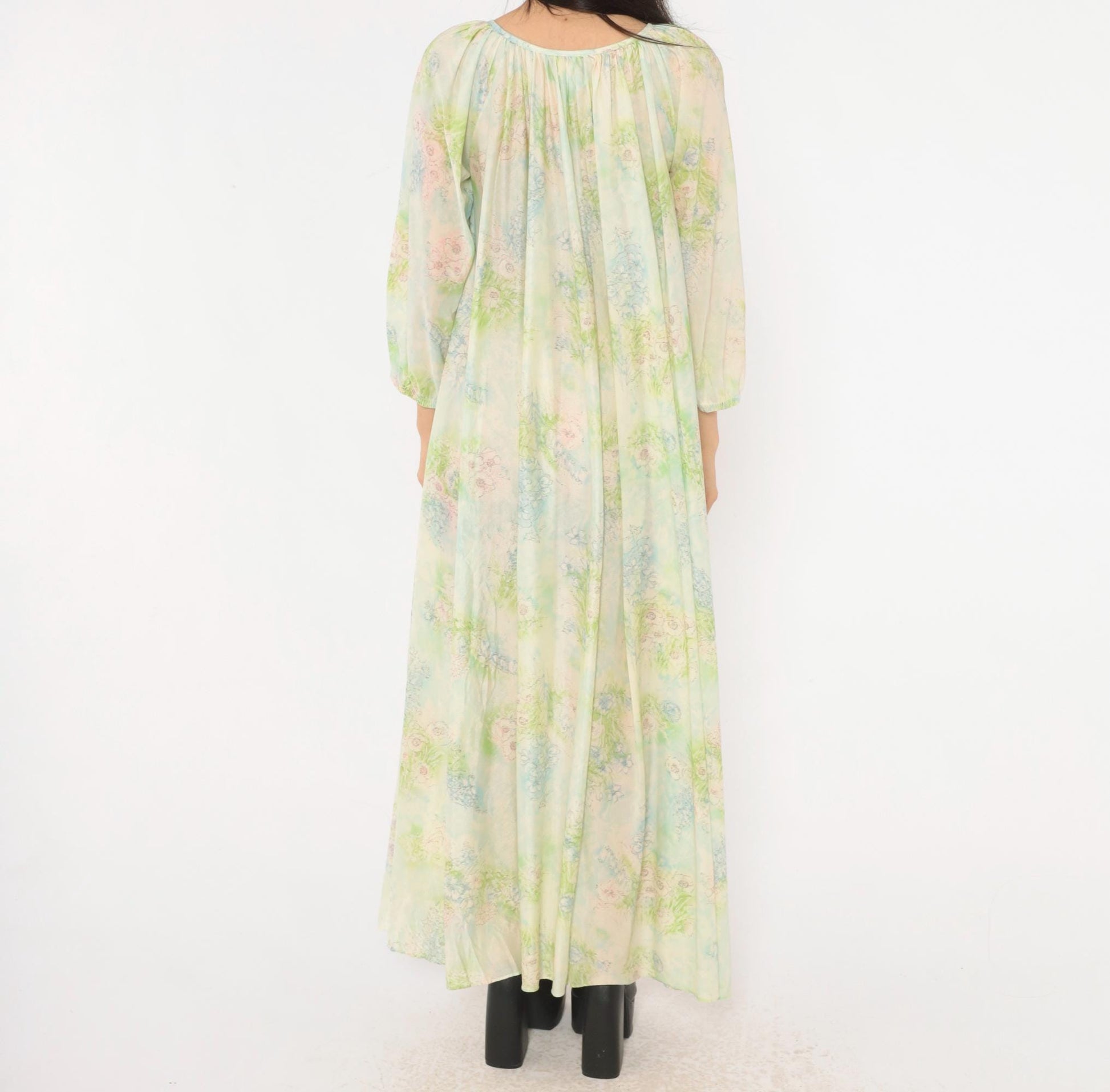 70s Floral Watercolor Maxi Nightgown Lavender Pink Blue Balloon Sleeve Medium M