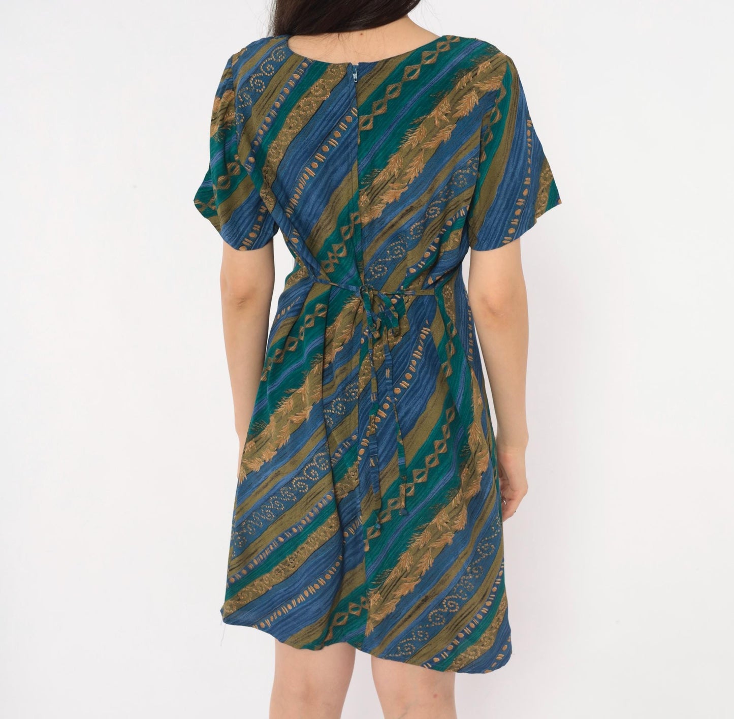 90s Tribal Geometric Sundress Blue Teal Gold Diagonal Stripe A-Line Medium M