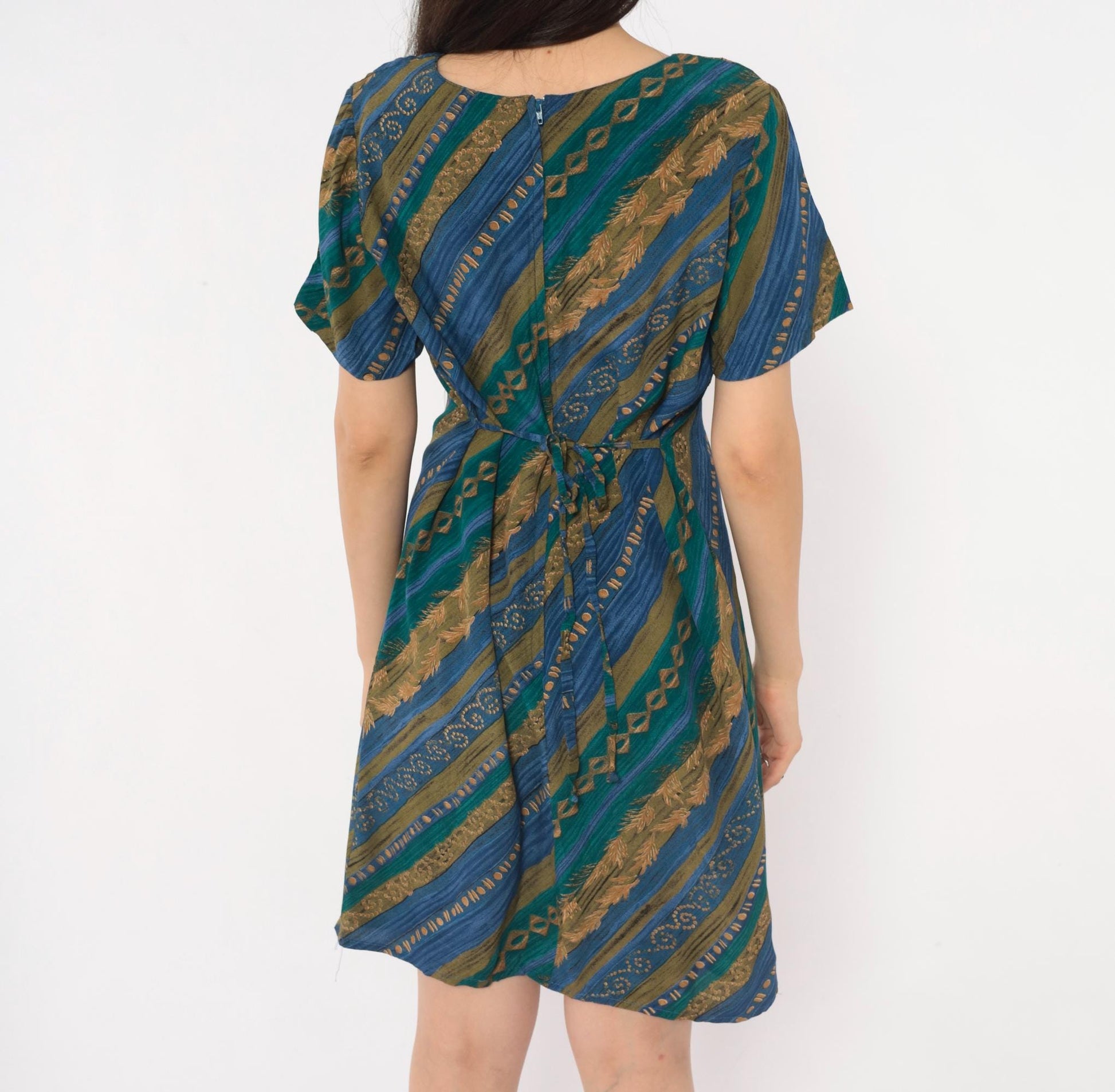 90s Tribal Geometric Sundress Blue Teal Gold Diagonal Stripe A-Line Medium M