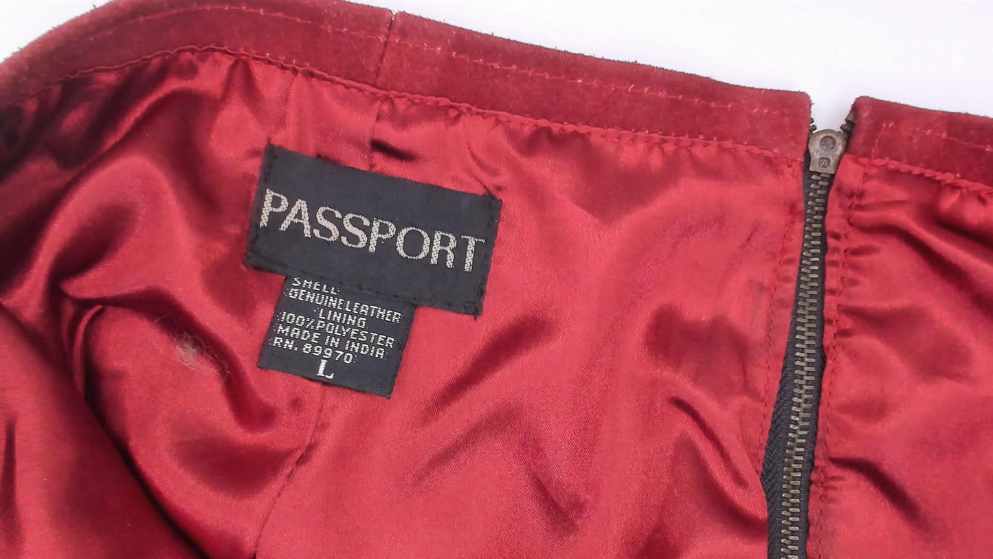 80s Passport Burgundy Suede Fringe A-Line Skirt High Waist Knee Length Large