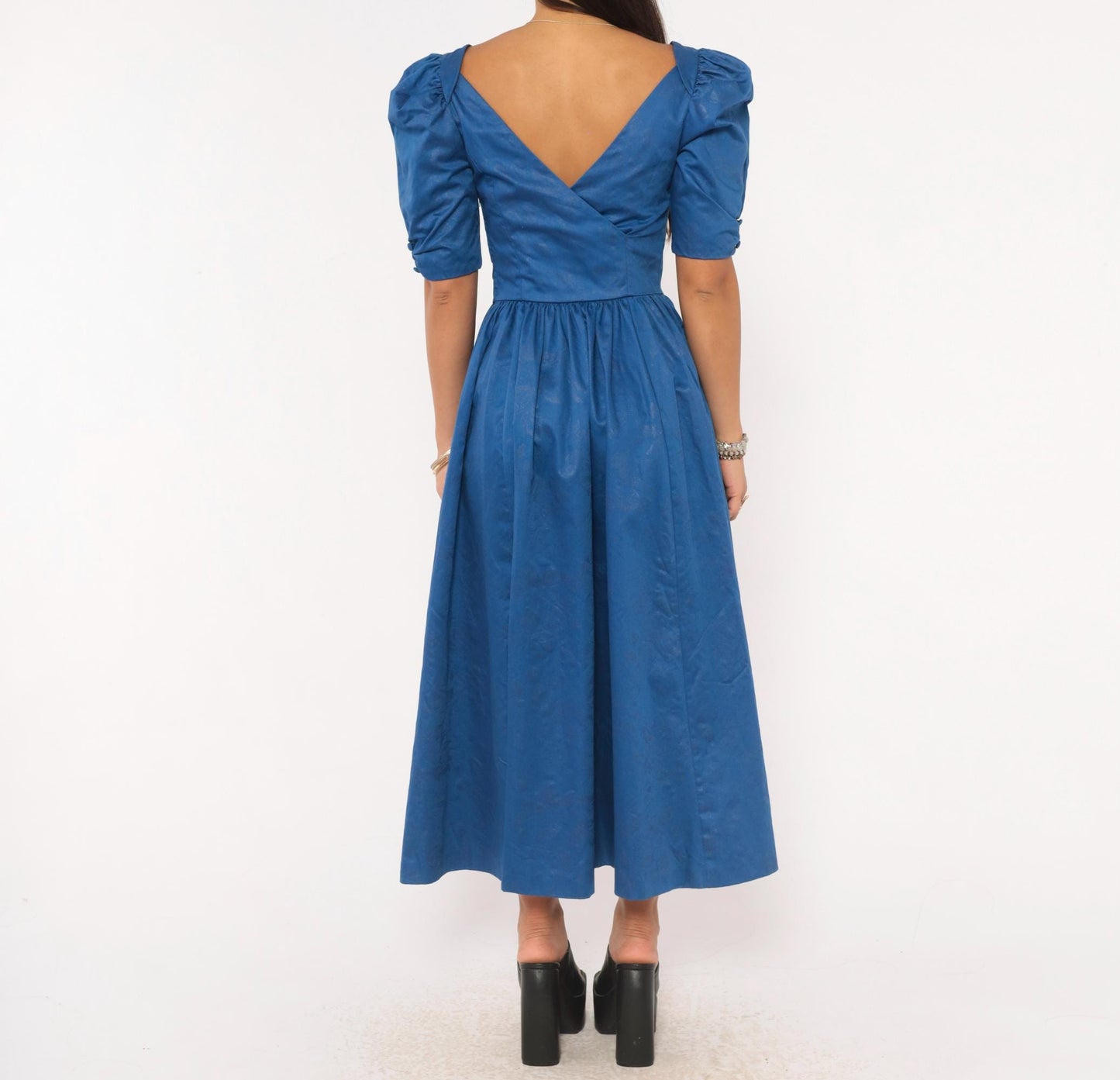 80s Laura Ashley Midi Dress Blue Cotton Puff Sleeve Sweetheart Neckline Extra Small XS