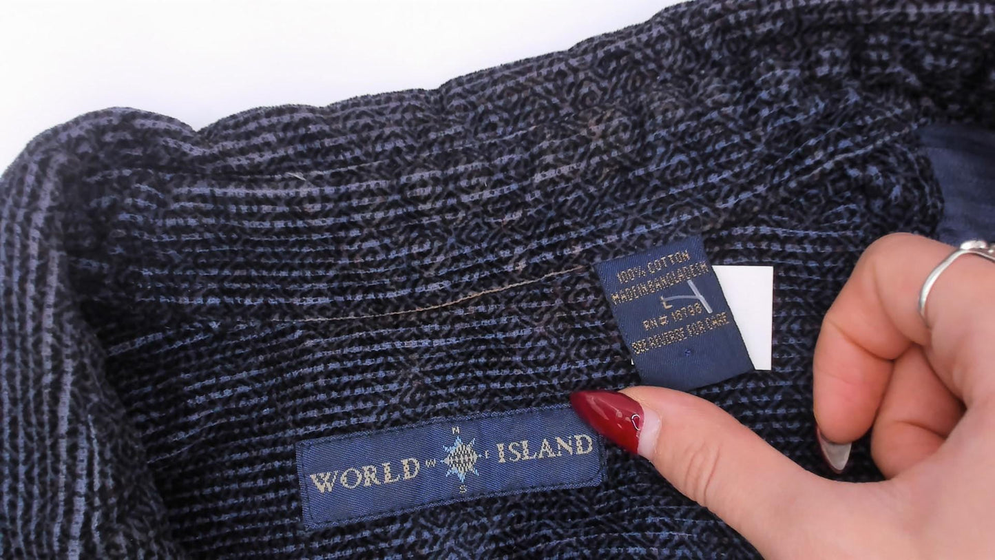 90s World Island Navy Corduroy Button-Up Shirt Cotton Large L