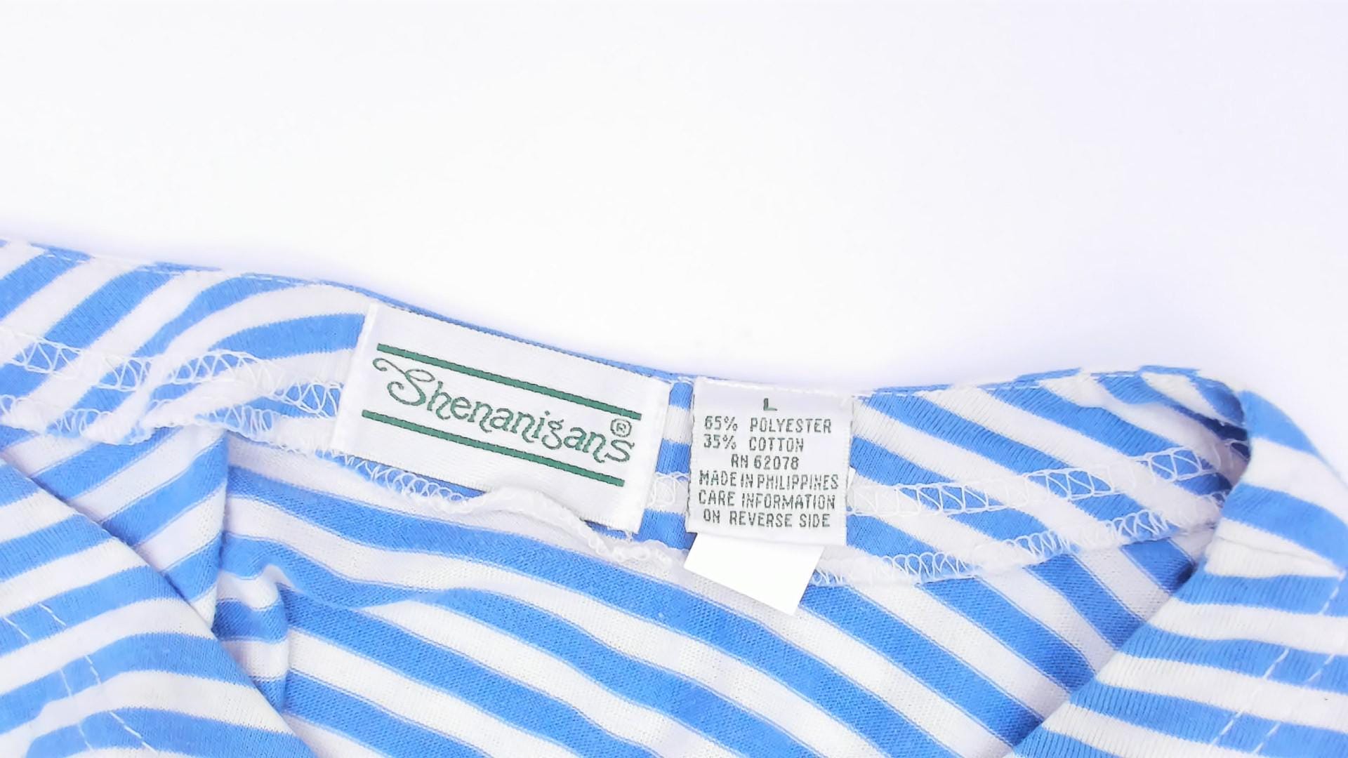 90s Shenanigans Blue White Striped Floral Embroidered Tee Large